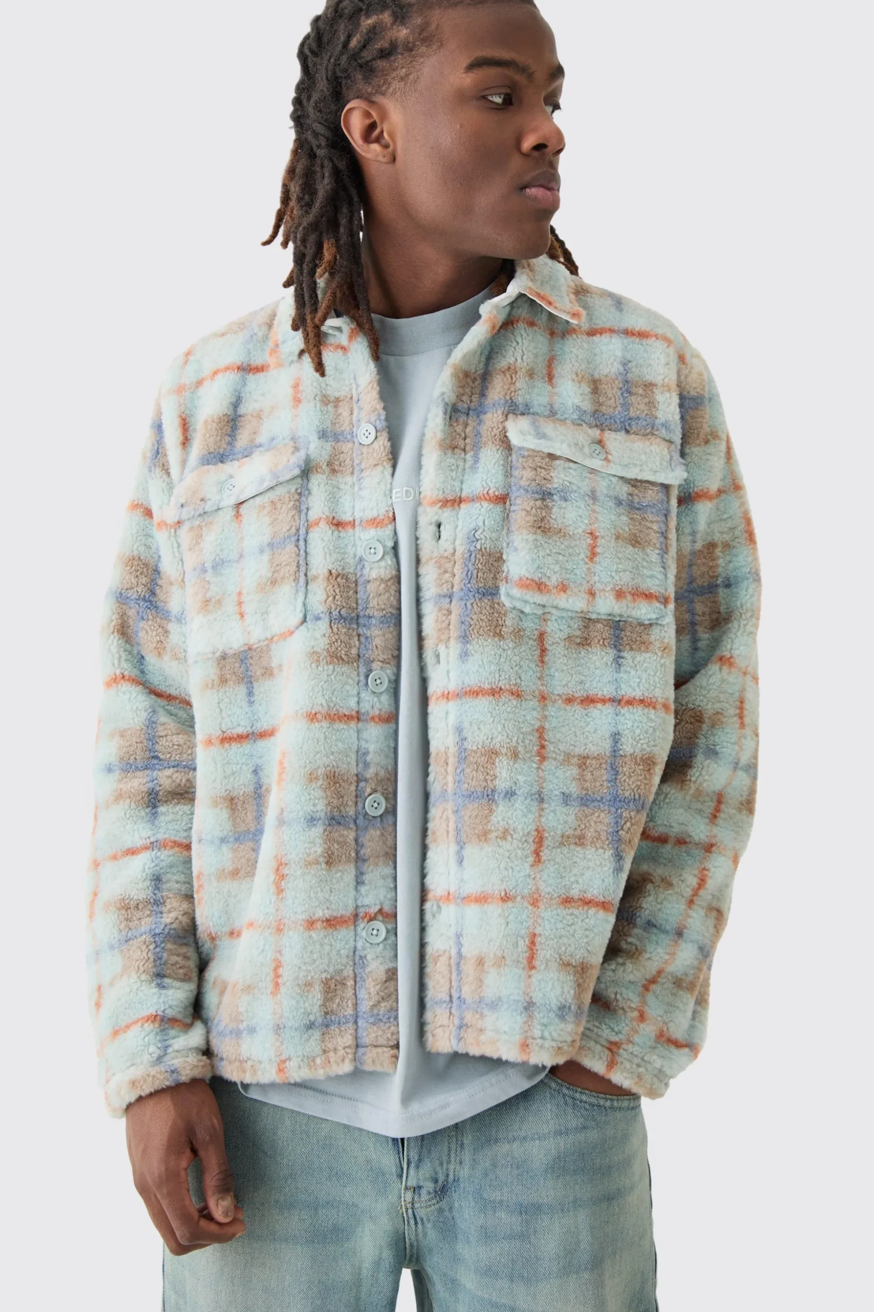Borg Patch Pocket Tonal Check Overshirt | BoohooMAN UK
