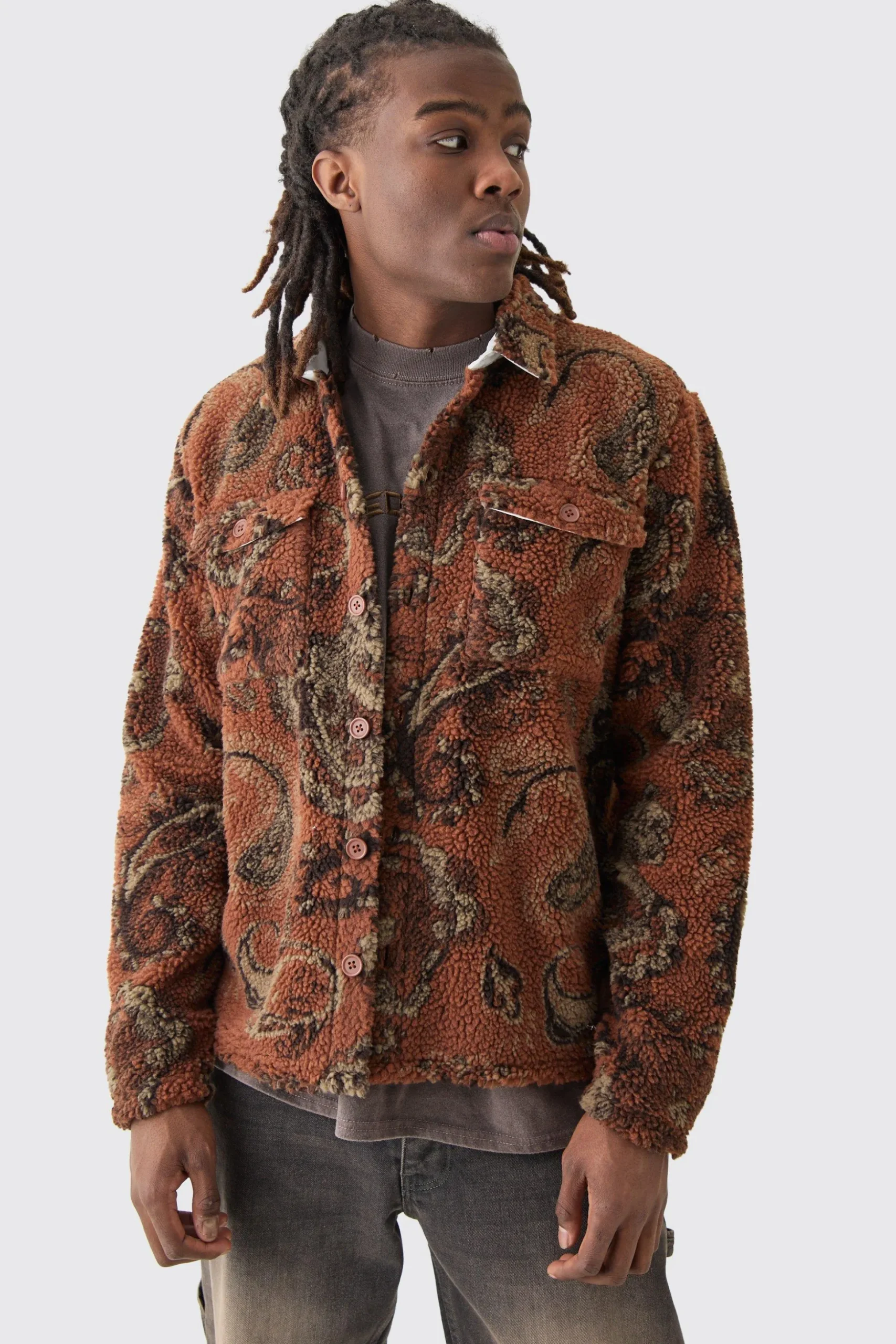 Borg Patch Pocket Tonal Paisley Overshirt | BoohooMAN UK