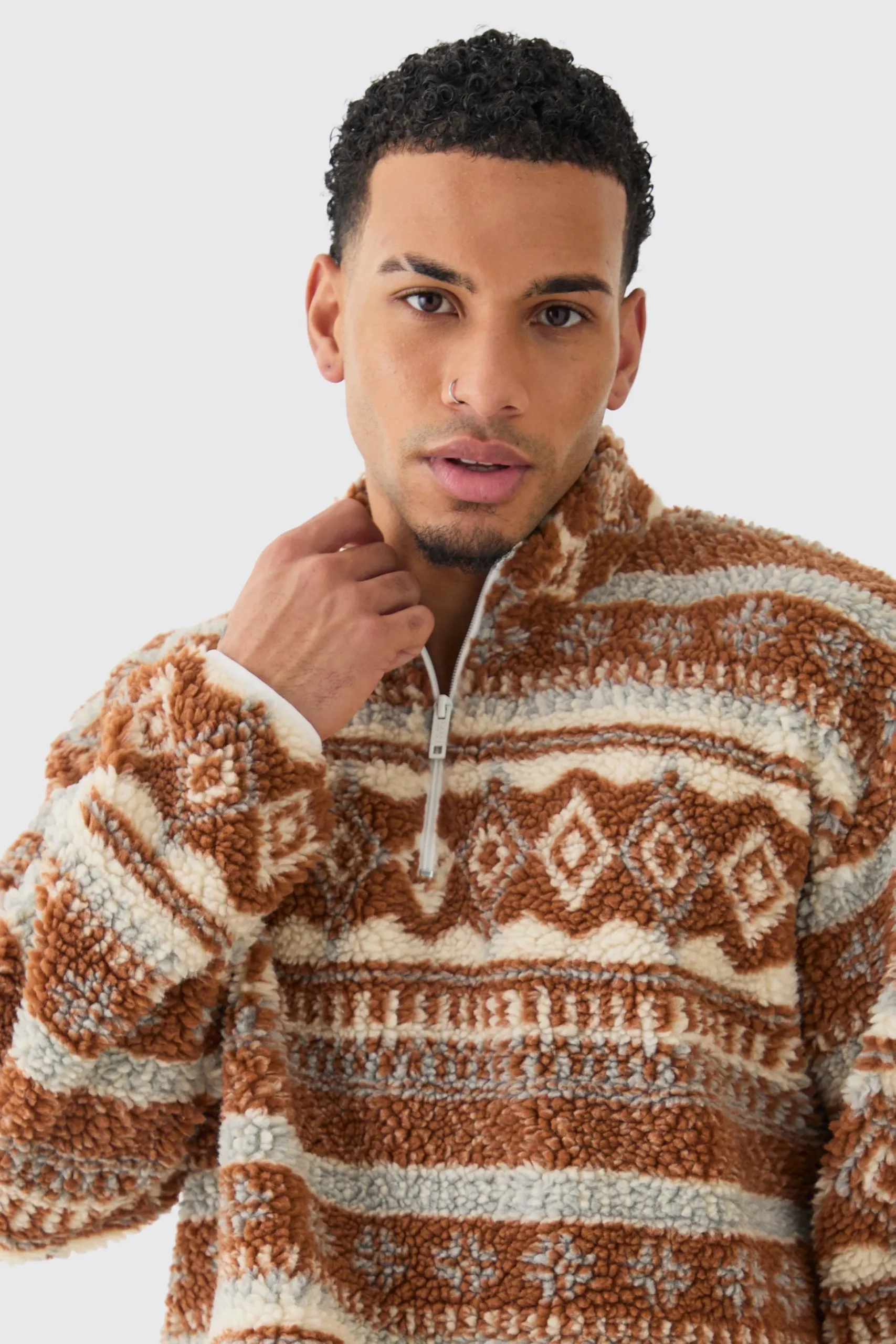 Borg Quarter Zip Aztec Shirt | BoohooMAN UK