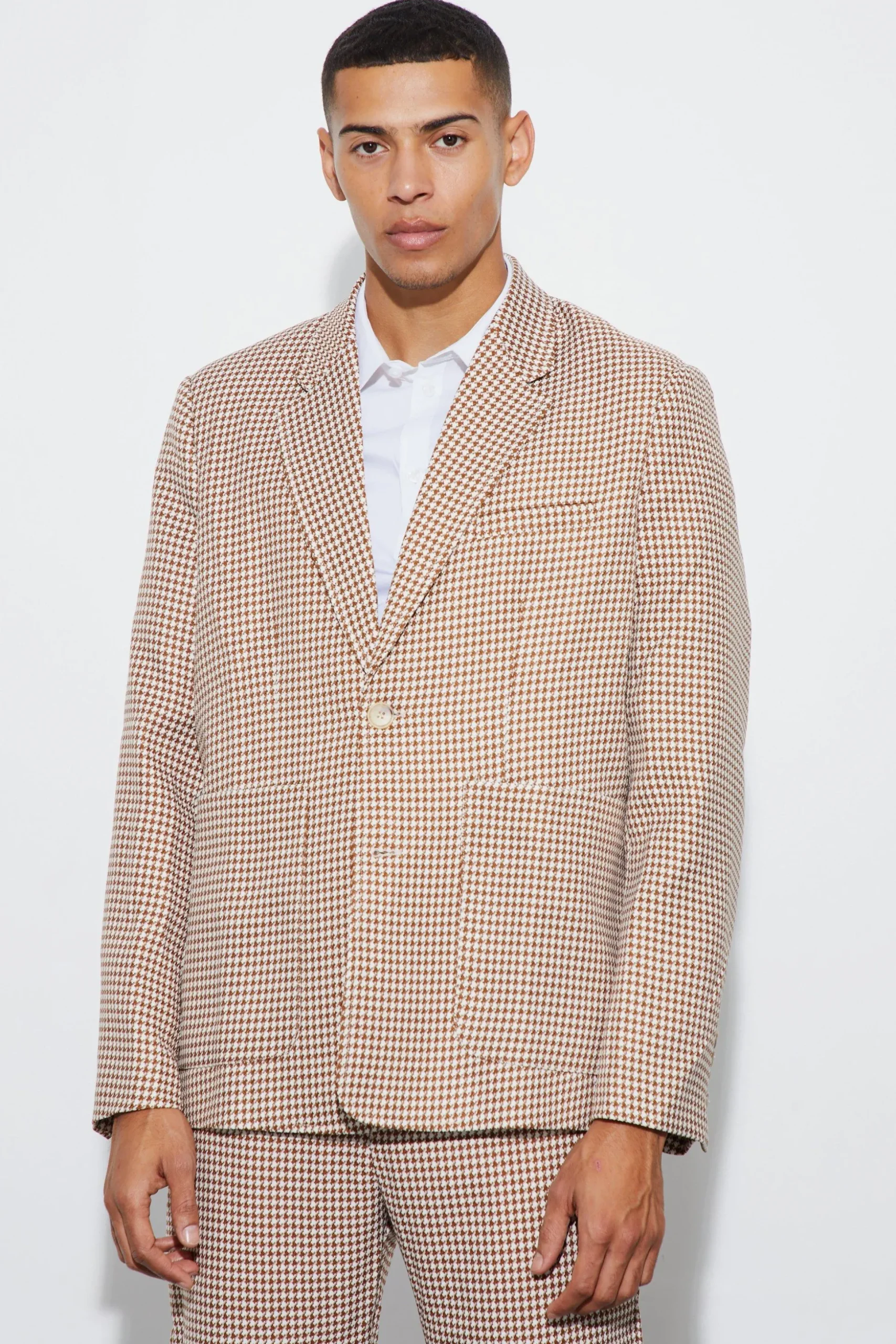 Boucle Houndstooth Oversized Blazer | BoohooMAN UK