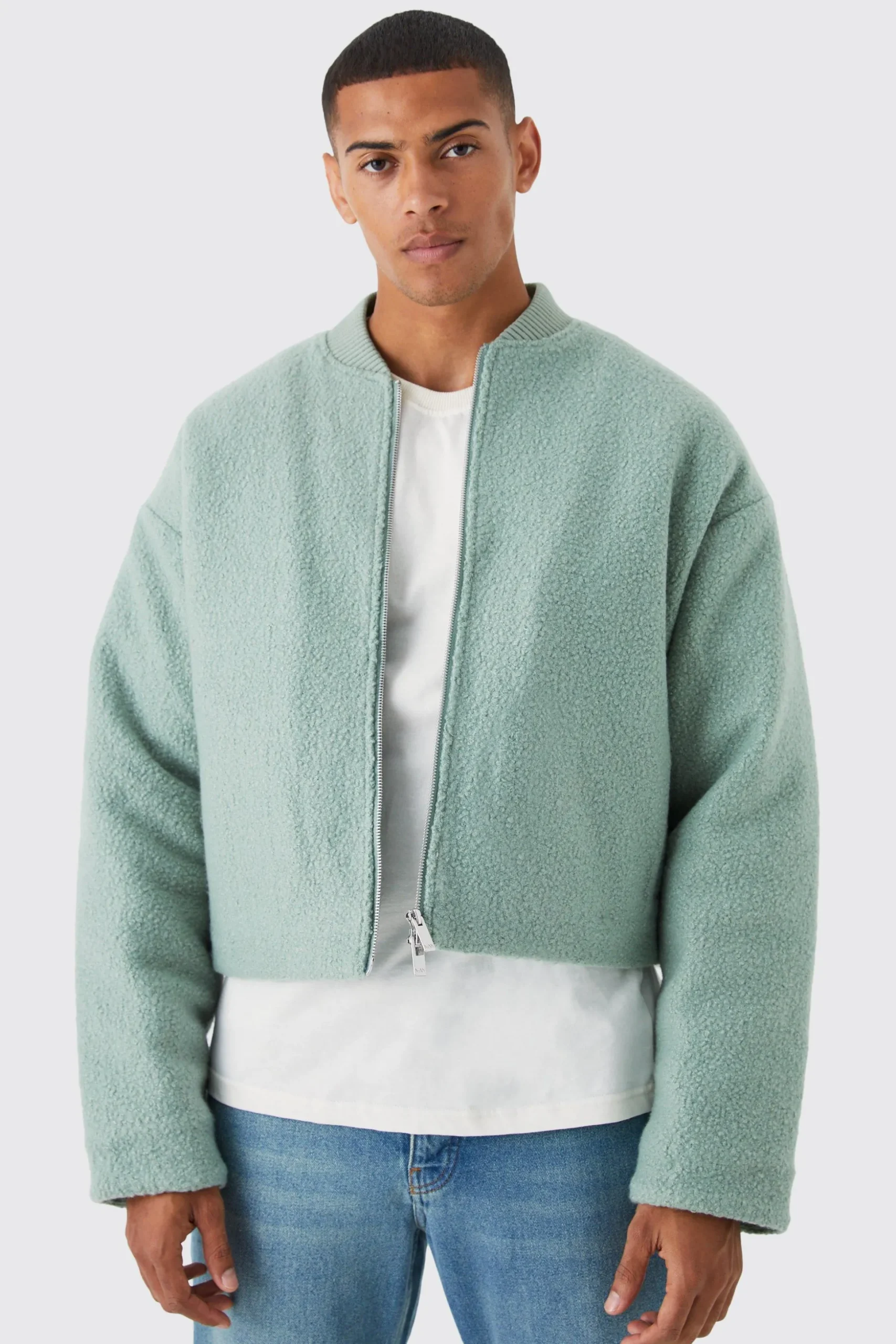 Boucle Textured Padded Bomber | BoohooMAN UK