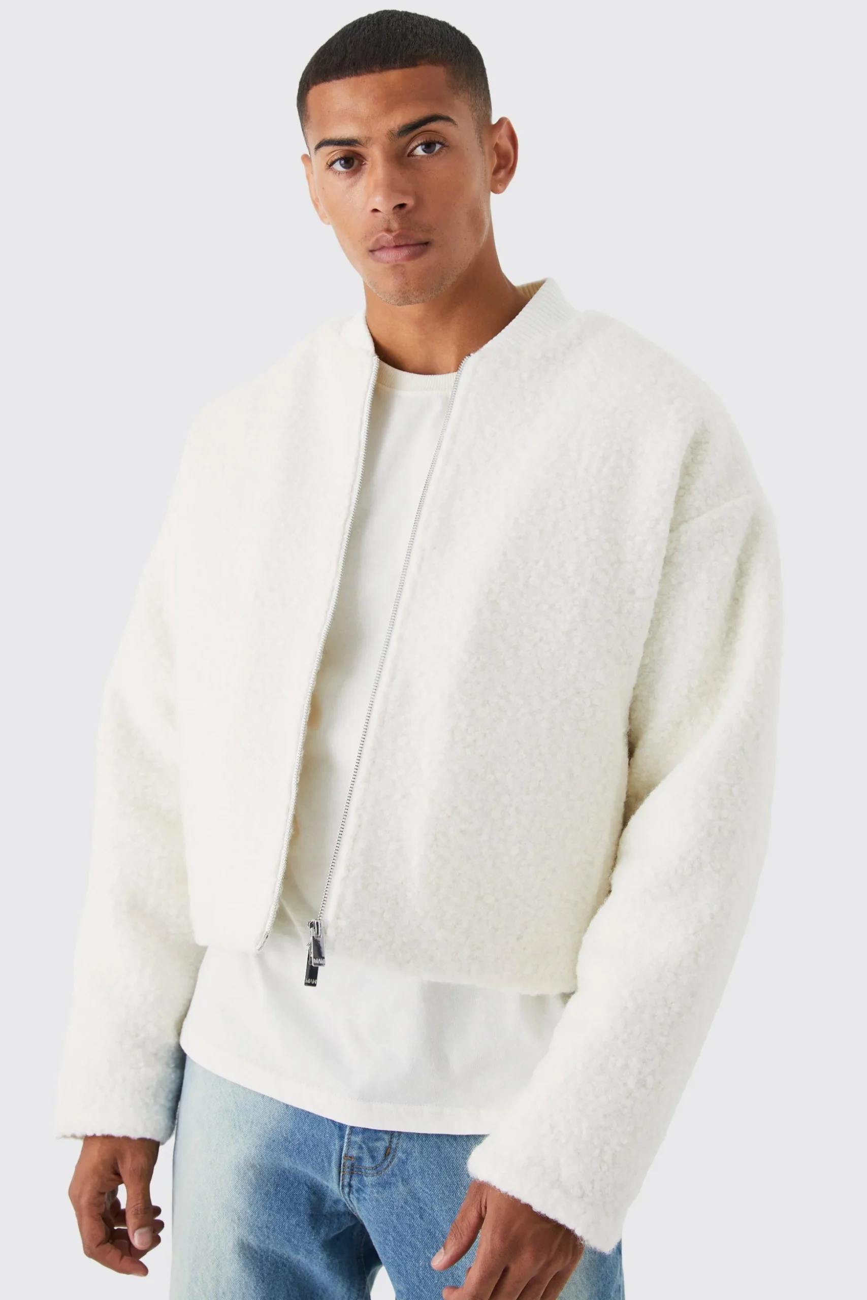Boucle Textured Padded Bomber | BoohooMAN UK