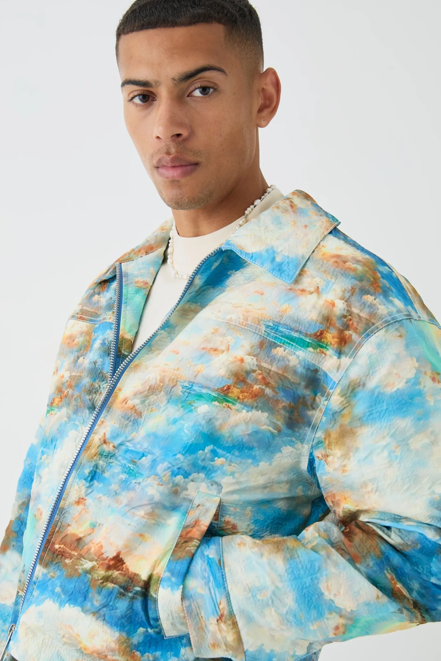 Boxy Abstract Print Harrington Jacket In Blue | BoohooMAN UK