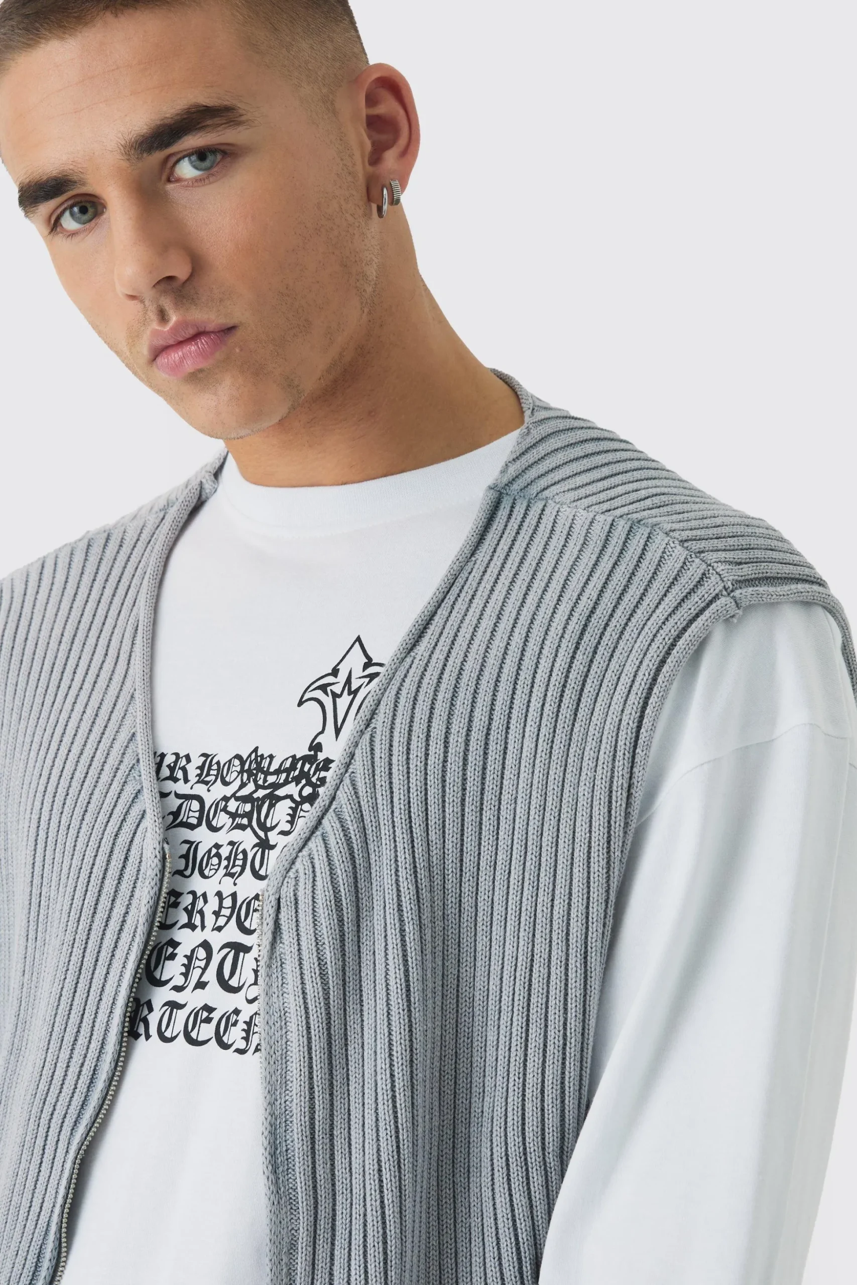 Boxy Acid Wash Ribbed Knit Gilet In Grey | BoohooMAN UK