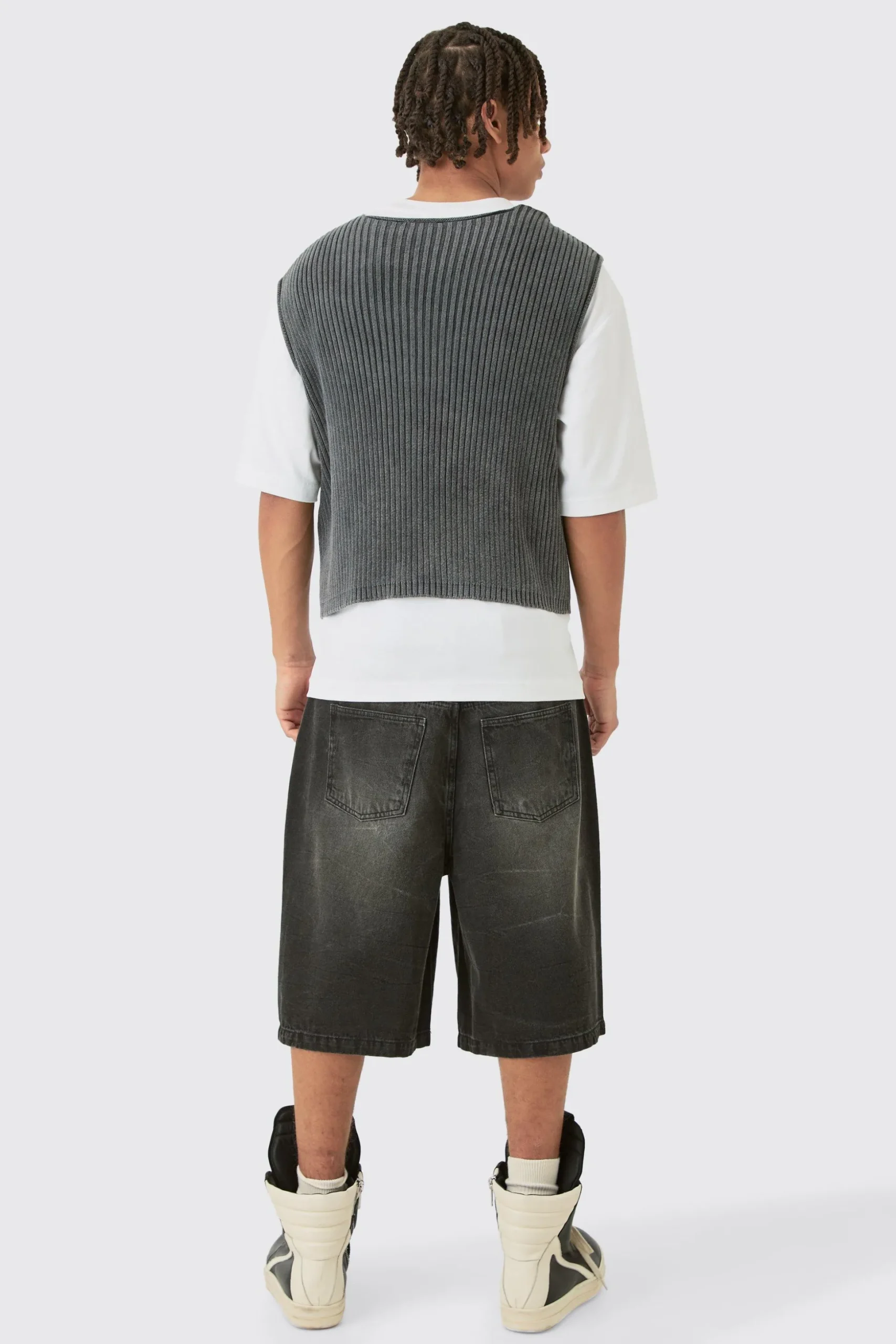 Boxy Acid Wash Ribbed Knit Gilet In Black | BoohooMAN UK