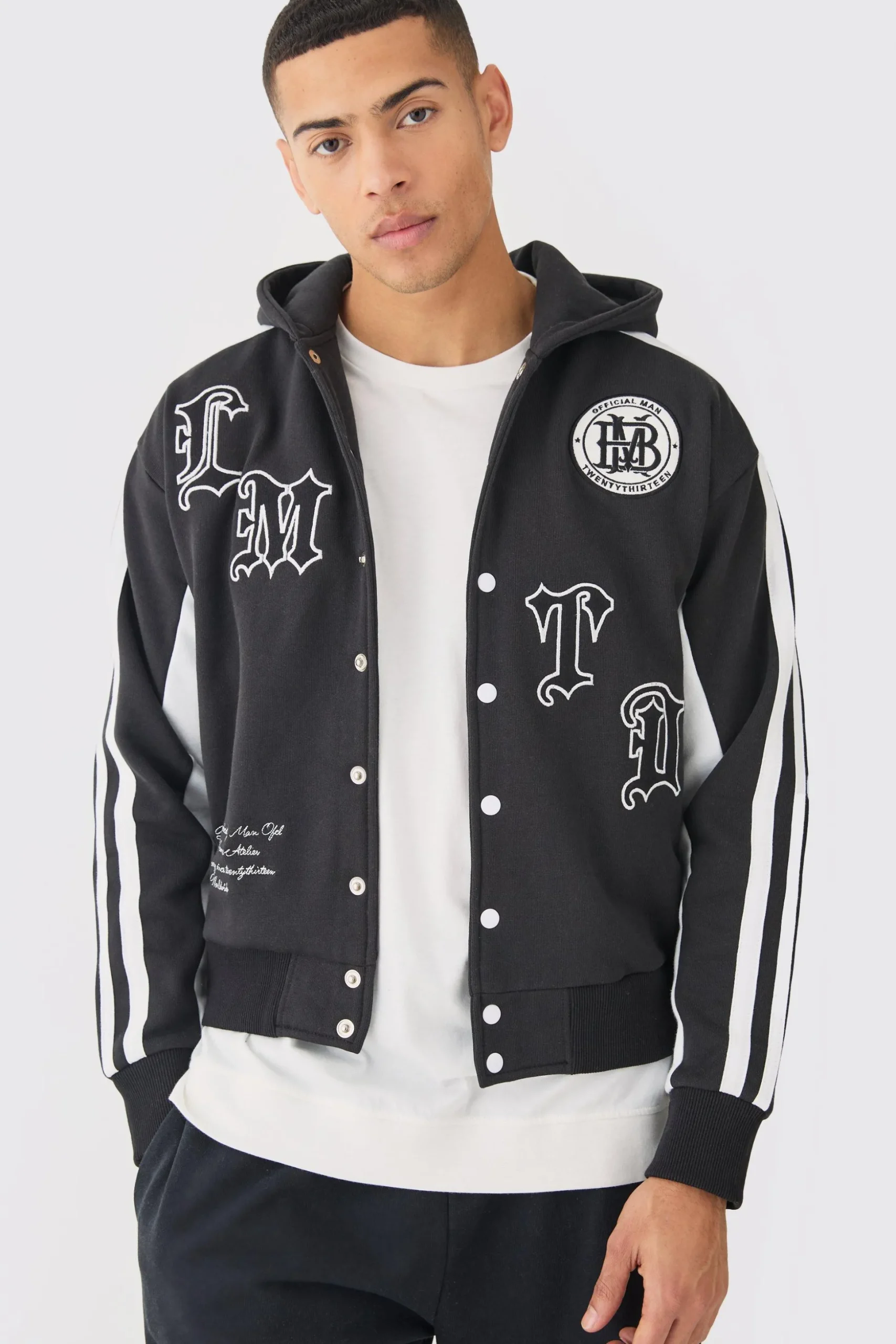 Boxy Applique Tape Detail Jersey Varisty Jacket | BoohooMAN UK