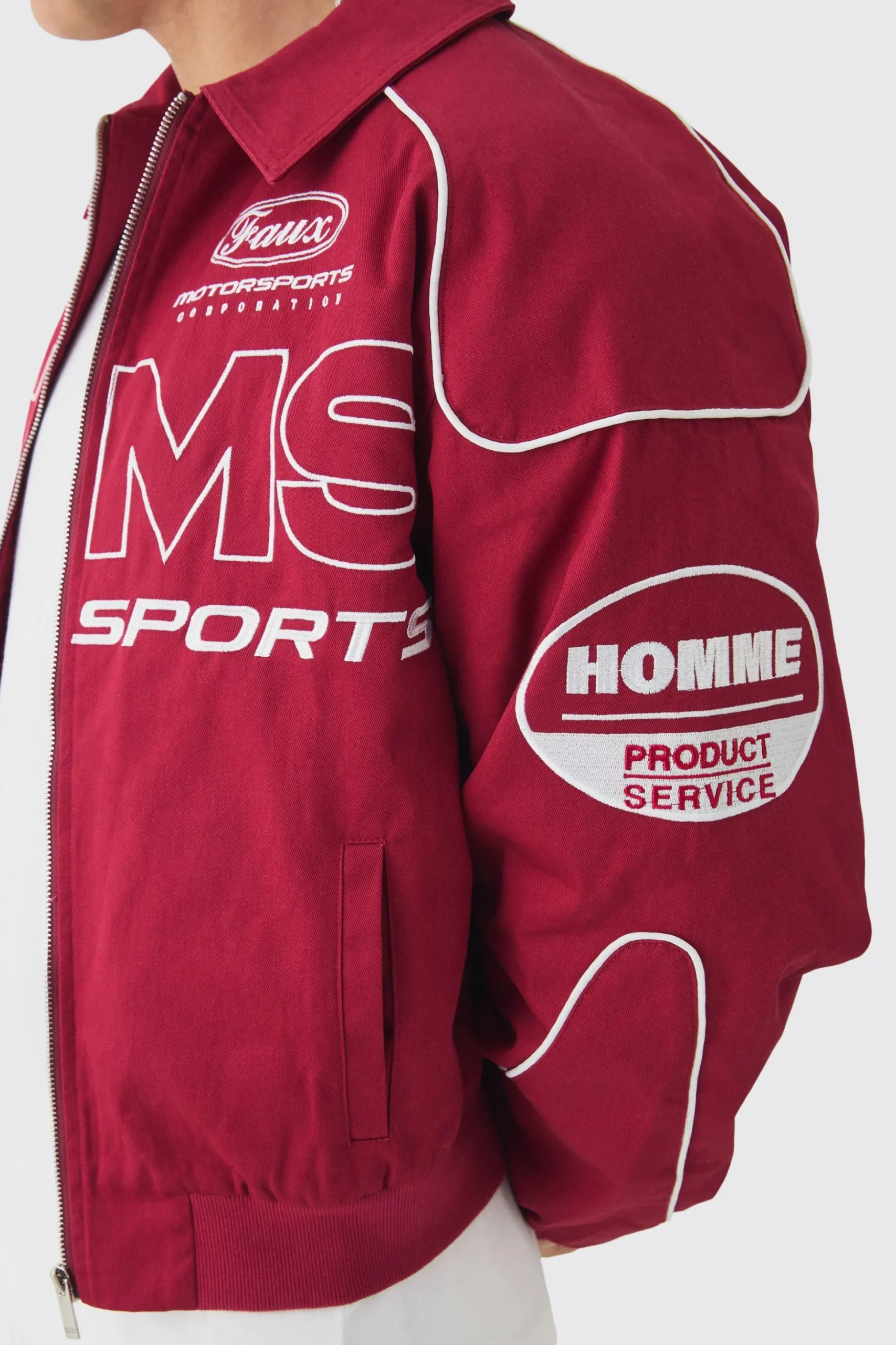 Boxy Badge Twill Moto Jacket In Burgundy | BoohooMAN UK