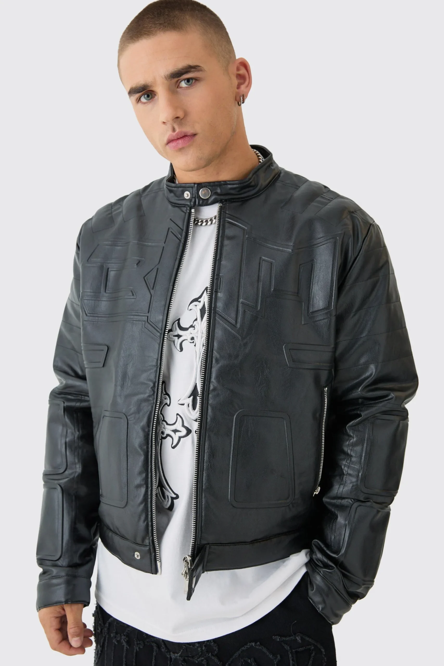 Boxy BHM Tonal Pu Moto Jacket In Black | BoohooMAN UK