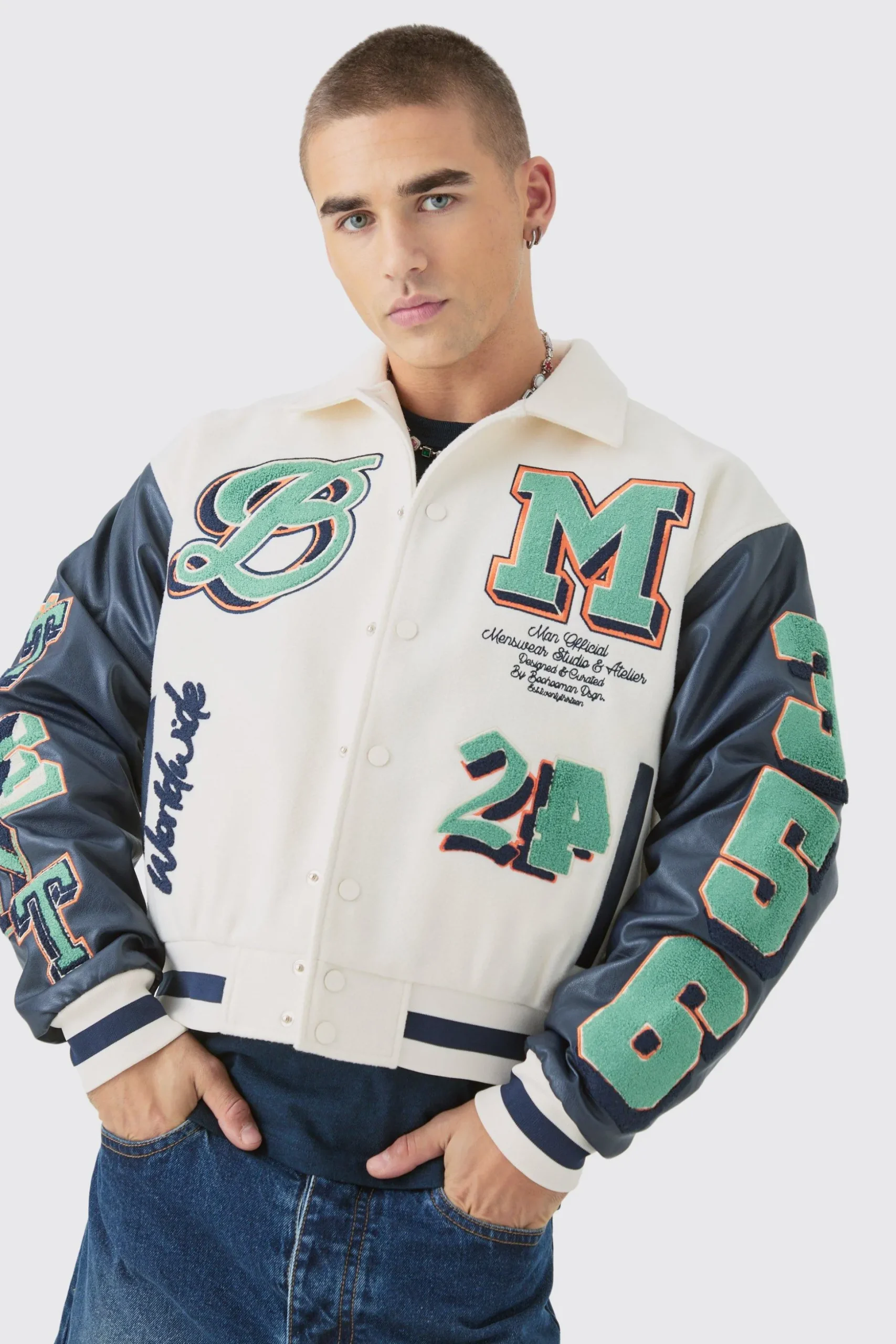 Boxy BM Badge Collared Varsity Jacket In Ecru | BoohooMAN UK
