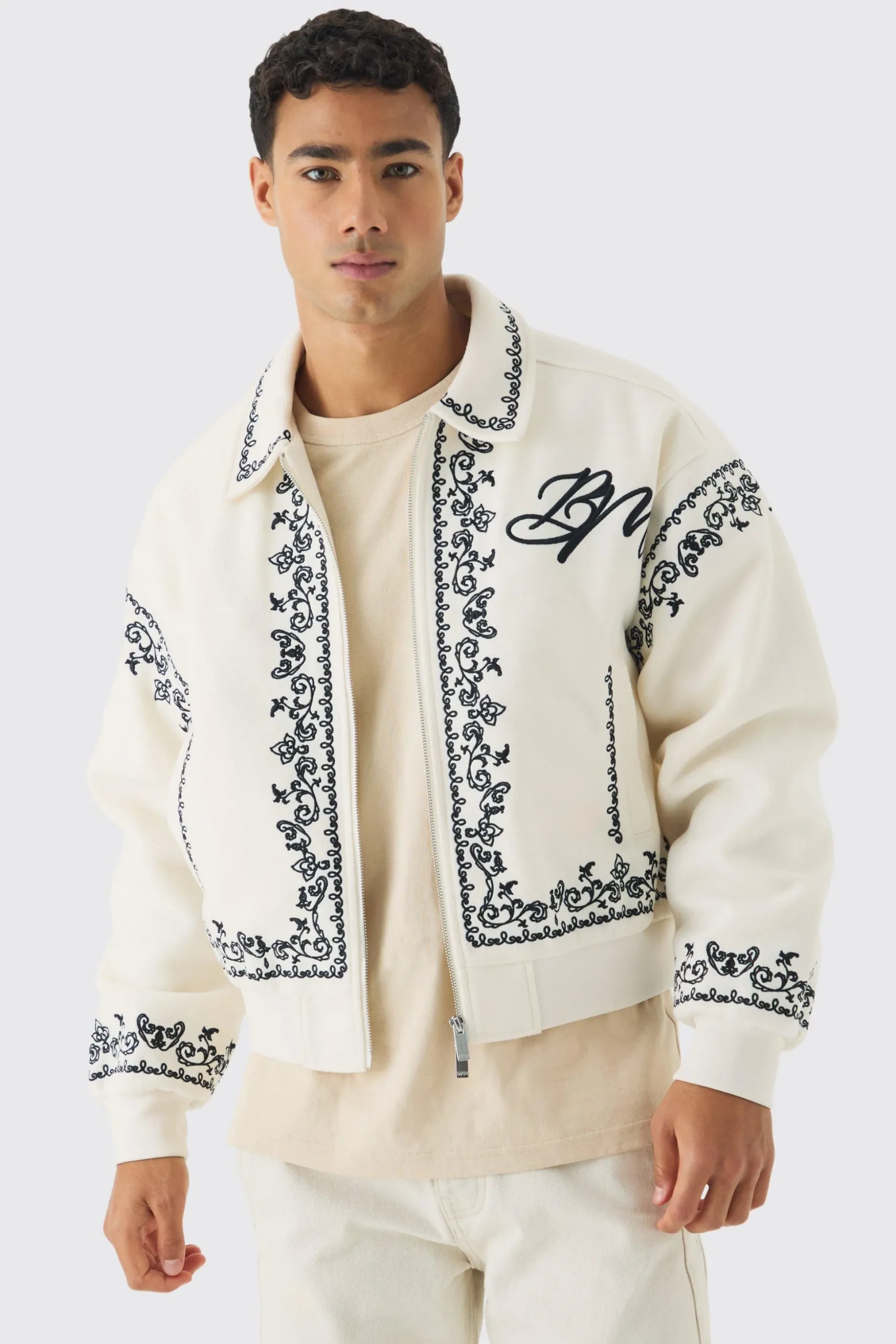 Boxy Bm Embroidered Collared Bomber Jacket In Ecru | BoohooMAN UK