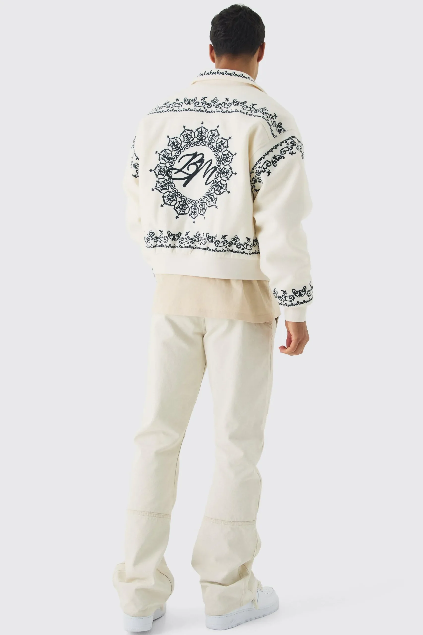 Boxy Bm Embroidered Collared Bomber Jacket In Ecru | BoohooMAN UK