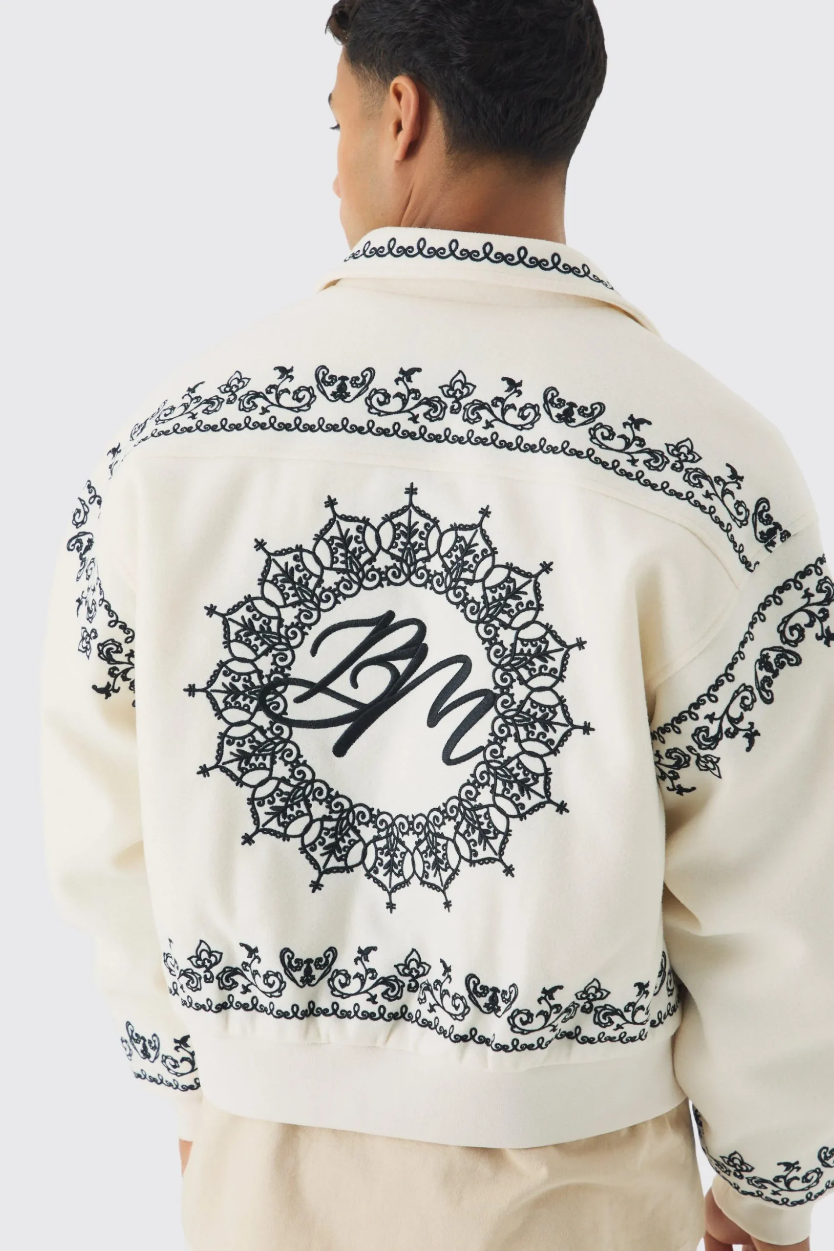 Boxy Bm Embroidered Collared Bomber Jacket In Ecru | BoohooMAN UK