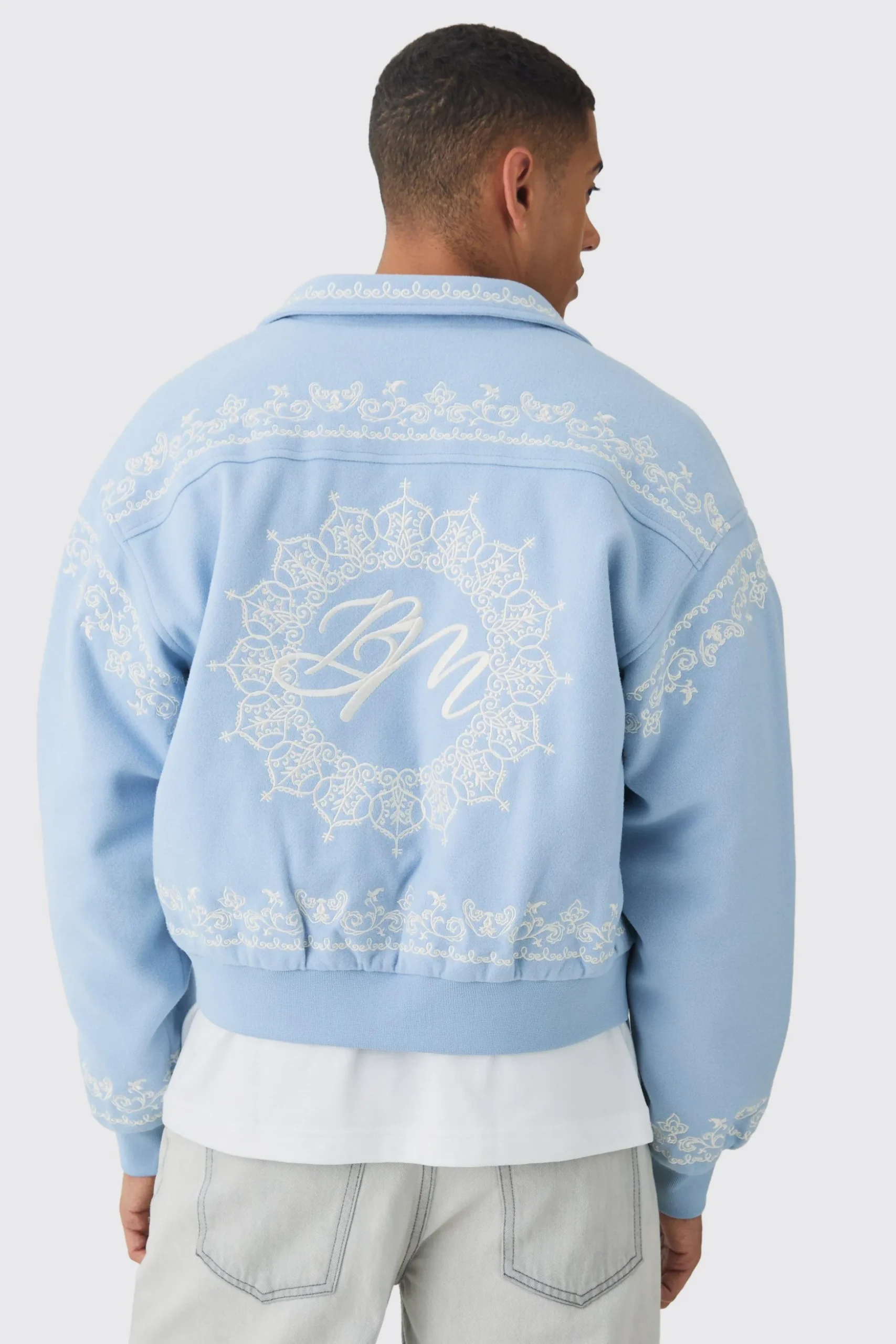 Boxy Bm Embroidered Collared Bomber Jacket In Blue | BoohooMAN UK
