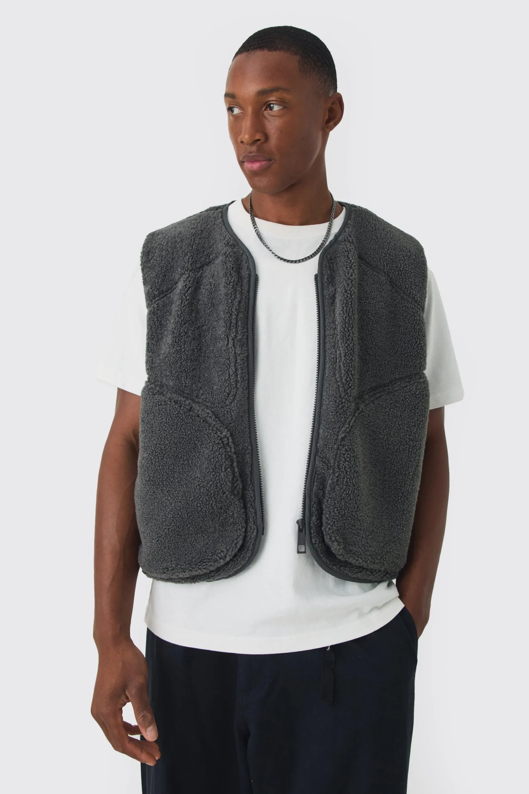 Boxy Borg Pocket Detail Gilet In Slate | BoohooMAN UK