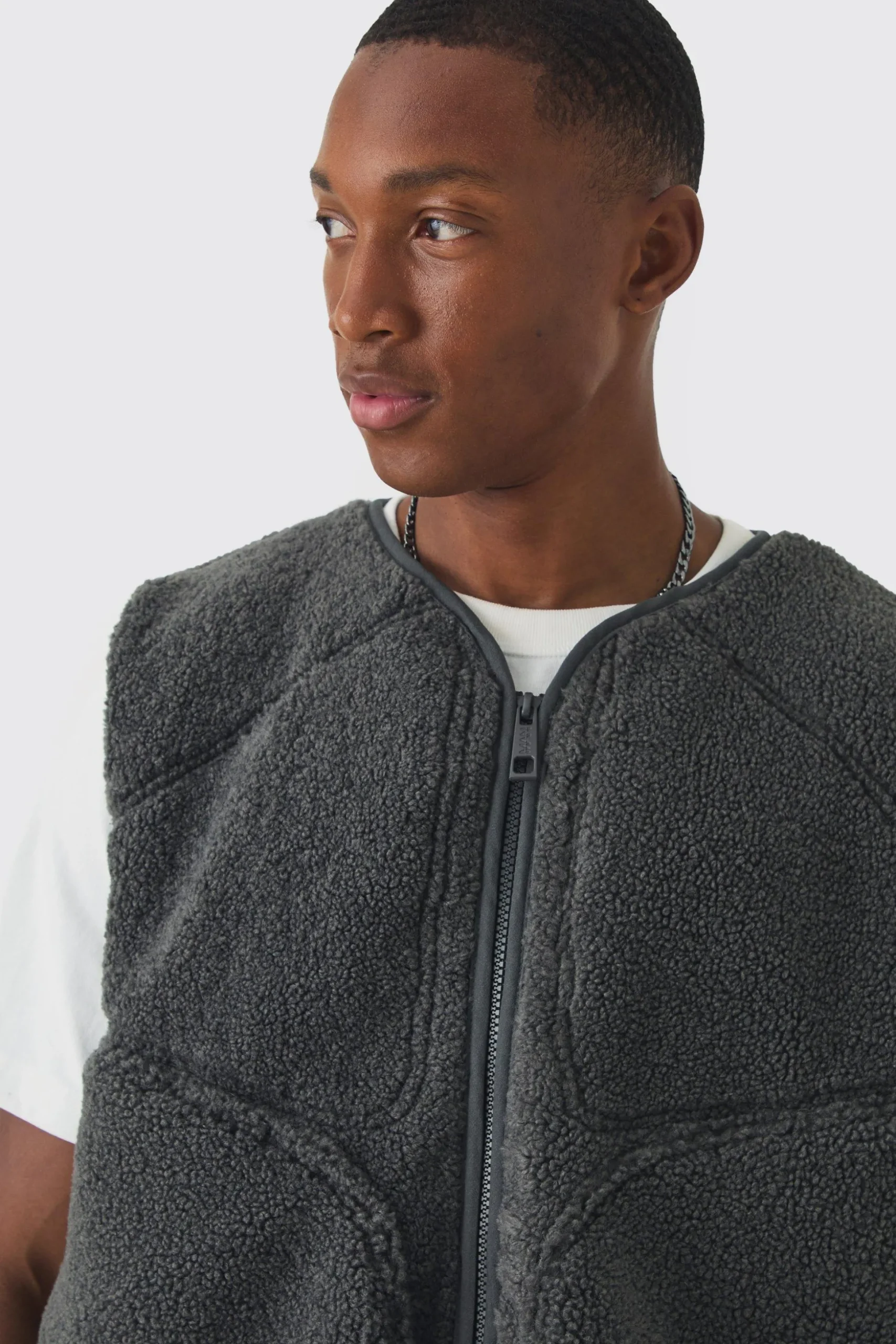 Boxy Borg Pocket Detail Gilet In Slate | BoohooMAN UK