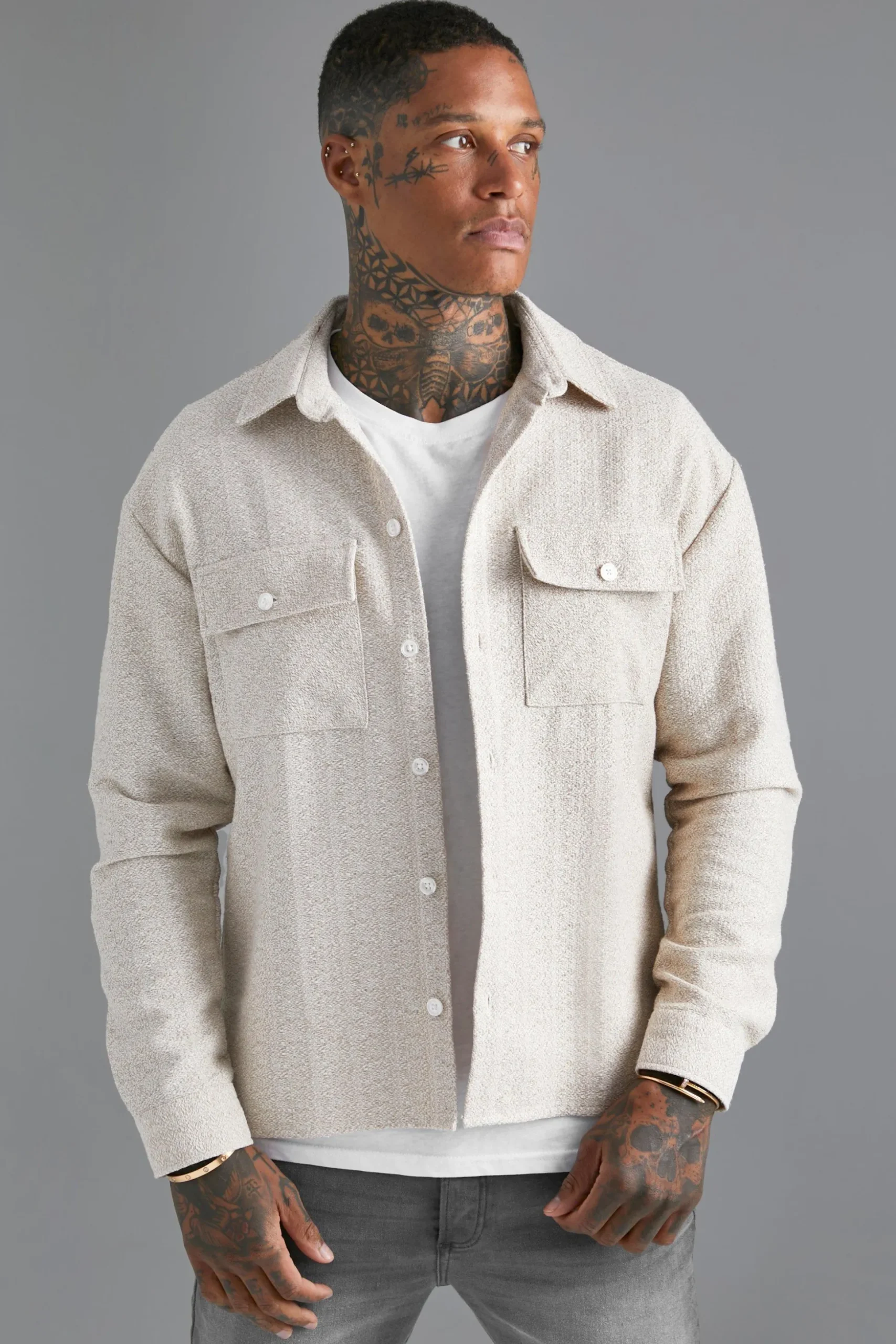 Boxy Boucle Heavyweight Overshirt | BoohooMAN UK