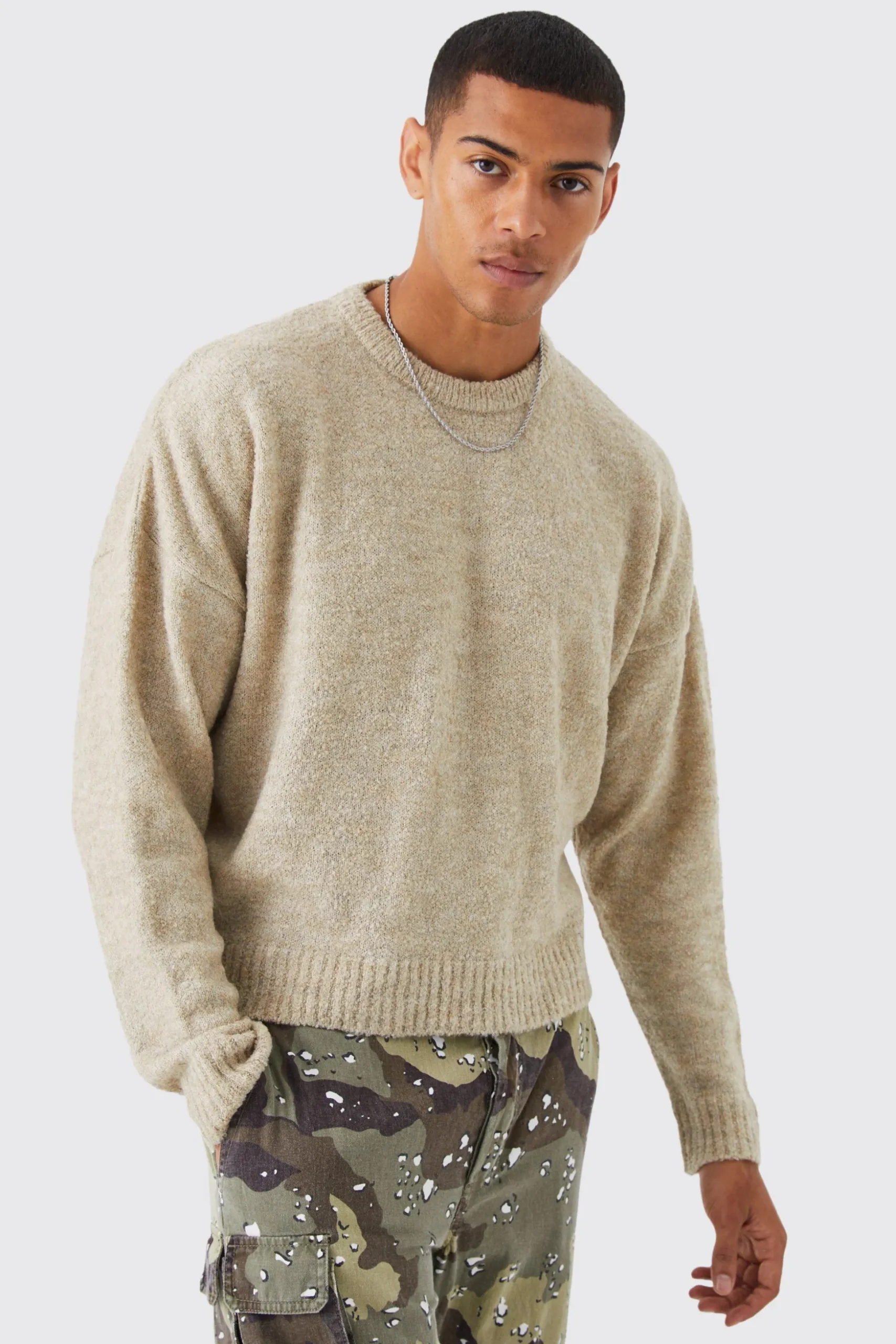 Boxy Boucle Knit Extended Neck Jumper | BoohooMAN UK