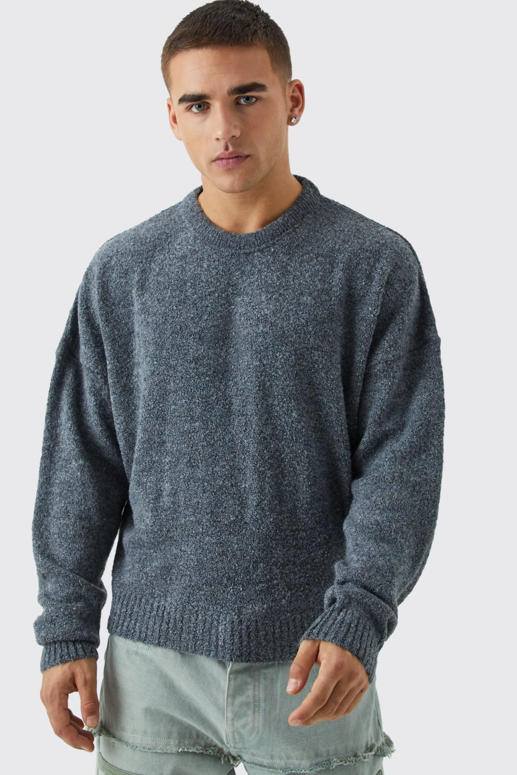 Boxy Boucle Knit Extended Neck Jumper | BoohooMAN UK