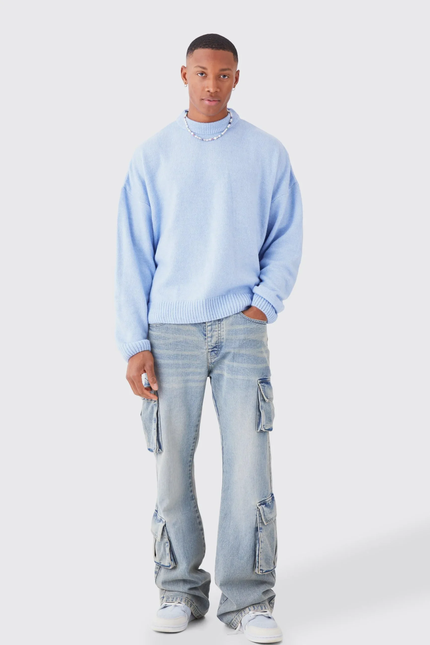Boxy Brushed Extended Neck Knitted Jumper | BoohooMAN UK