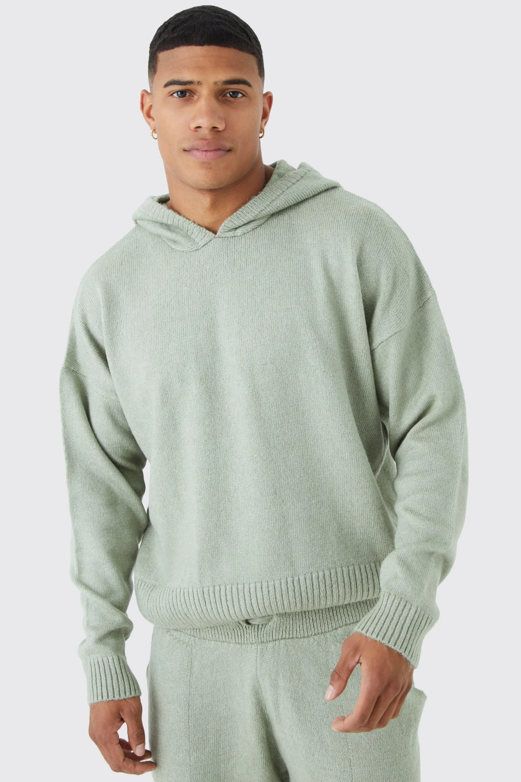 Boxy Brushed Knitted Hoodie | BoohooMAN UK