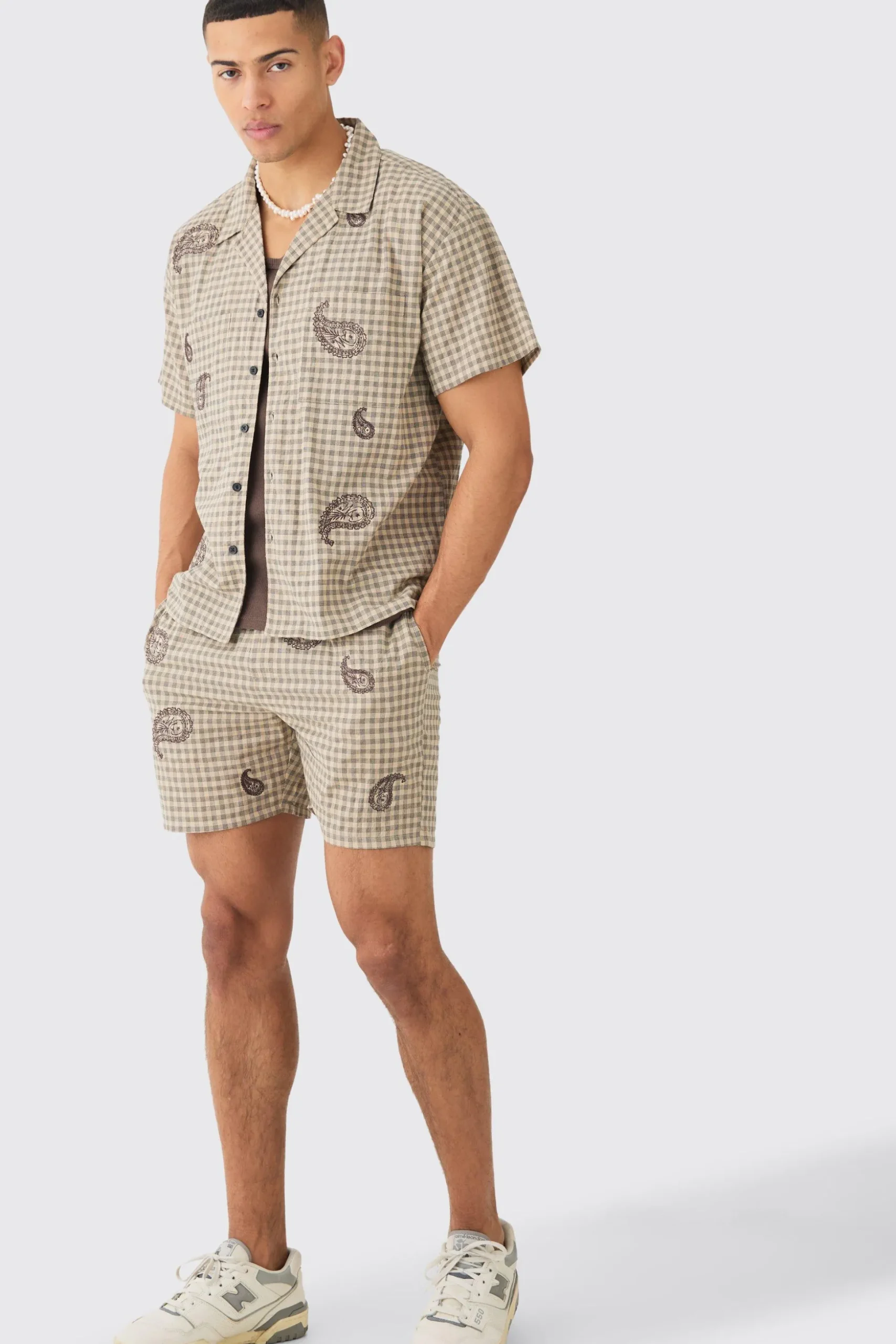 Boxy Check Paisley Embroidered Shirt And Short | BoohooMAN UK