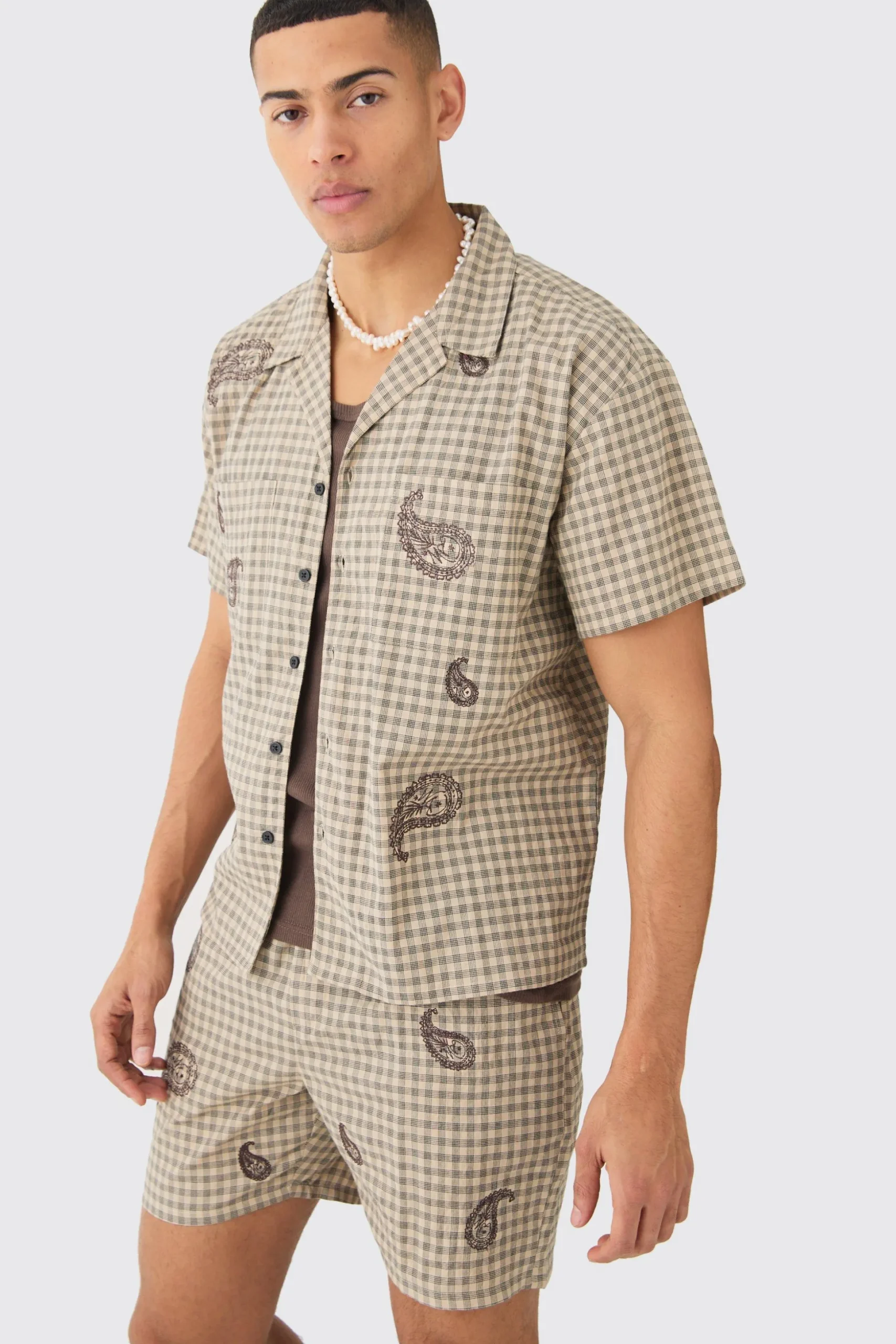 Boxy Check Paisley Embroidered Shirt And Short | BoohooMAN UK