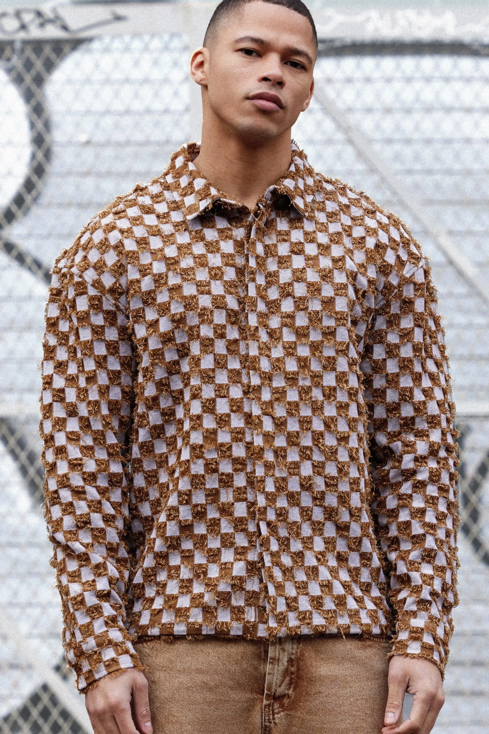 Boxy Checkerboard Distressed Checked Overshirt | BoohooMAN UK