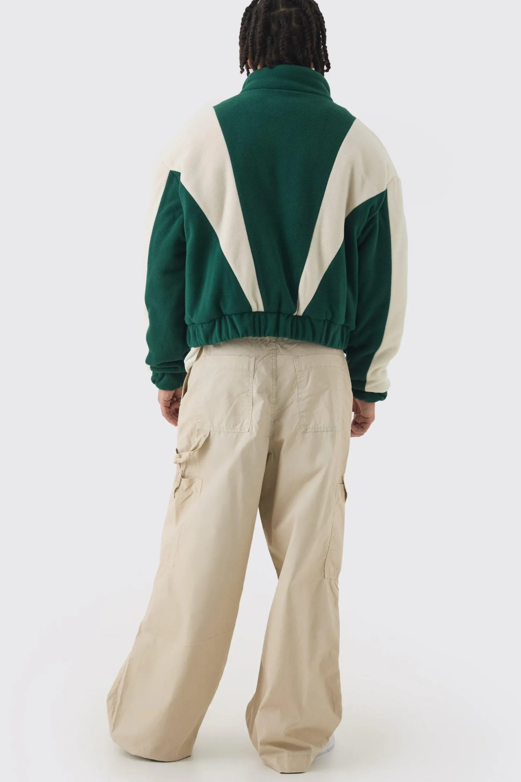 Boxy Colour Block Funnel Neck Fleece Jacket In Green | BoohooMAN UK