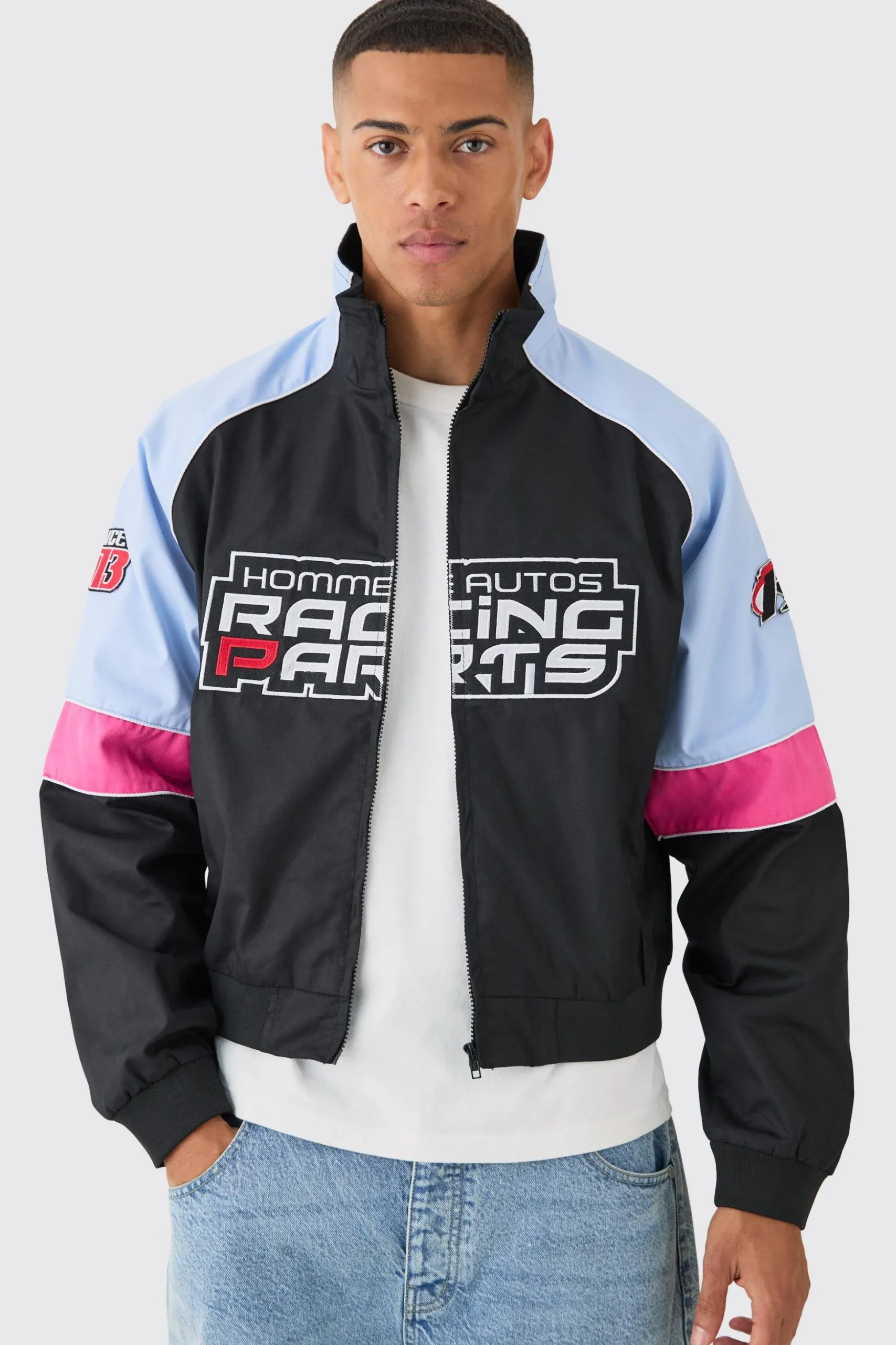 Boxy Colour Block Twill Moto Bomber Jacket In Black | BoohooMAN UK