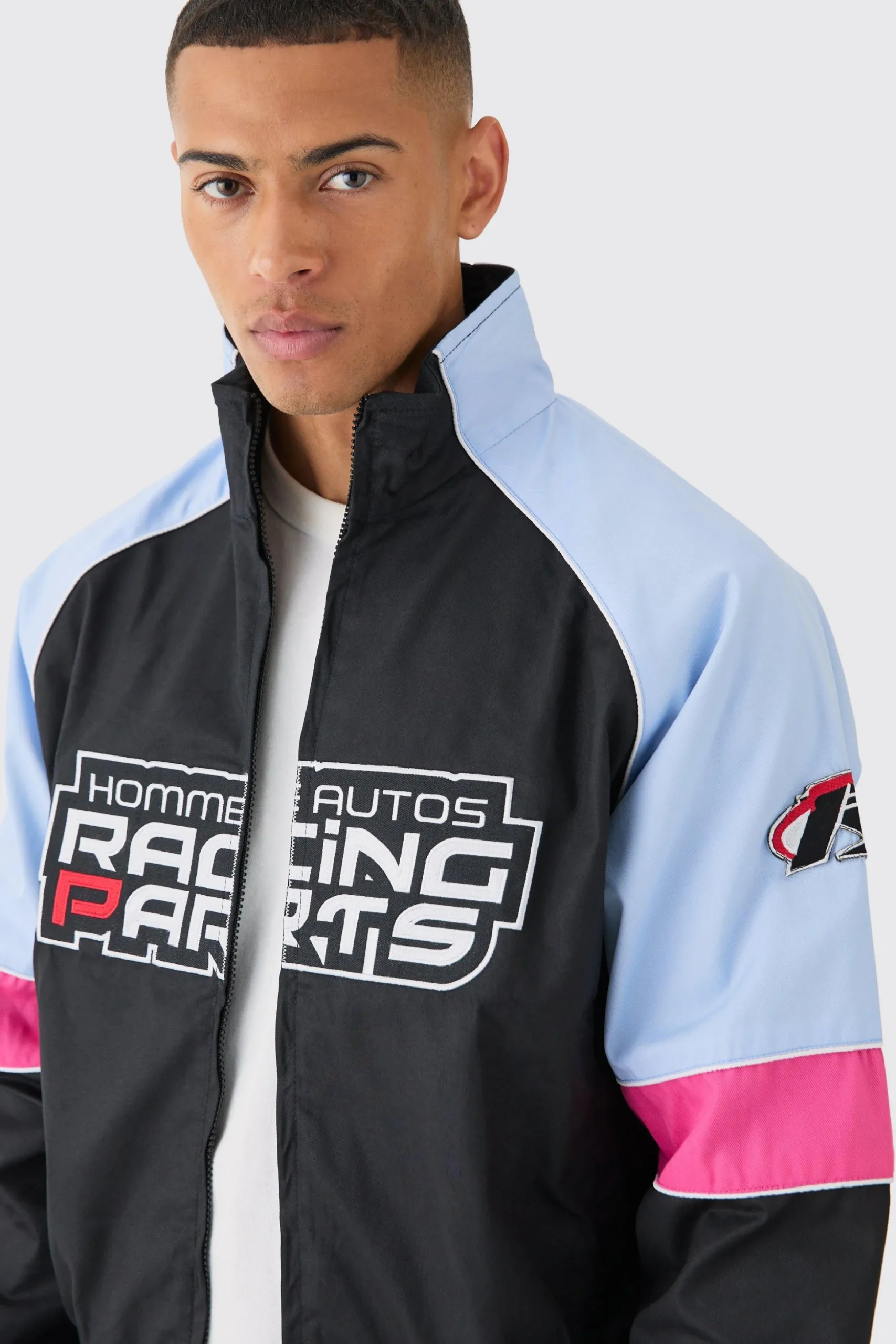 Boxy Colour Block Twill Moto Bomber Jacket In Black | BoohooMAN UK