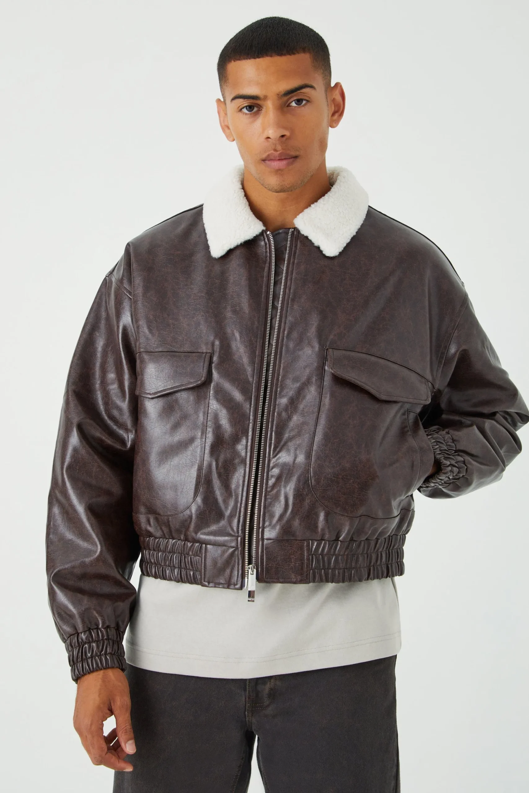 Boxy Cracked Pu Aviator With Borg Collar | BoohooMAN UK