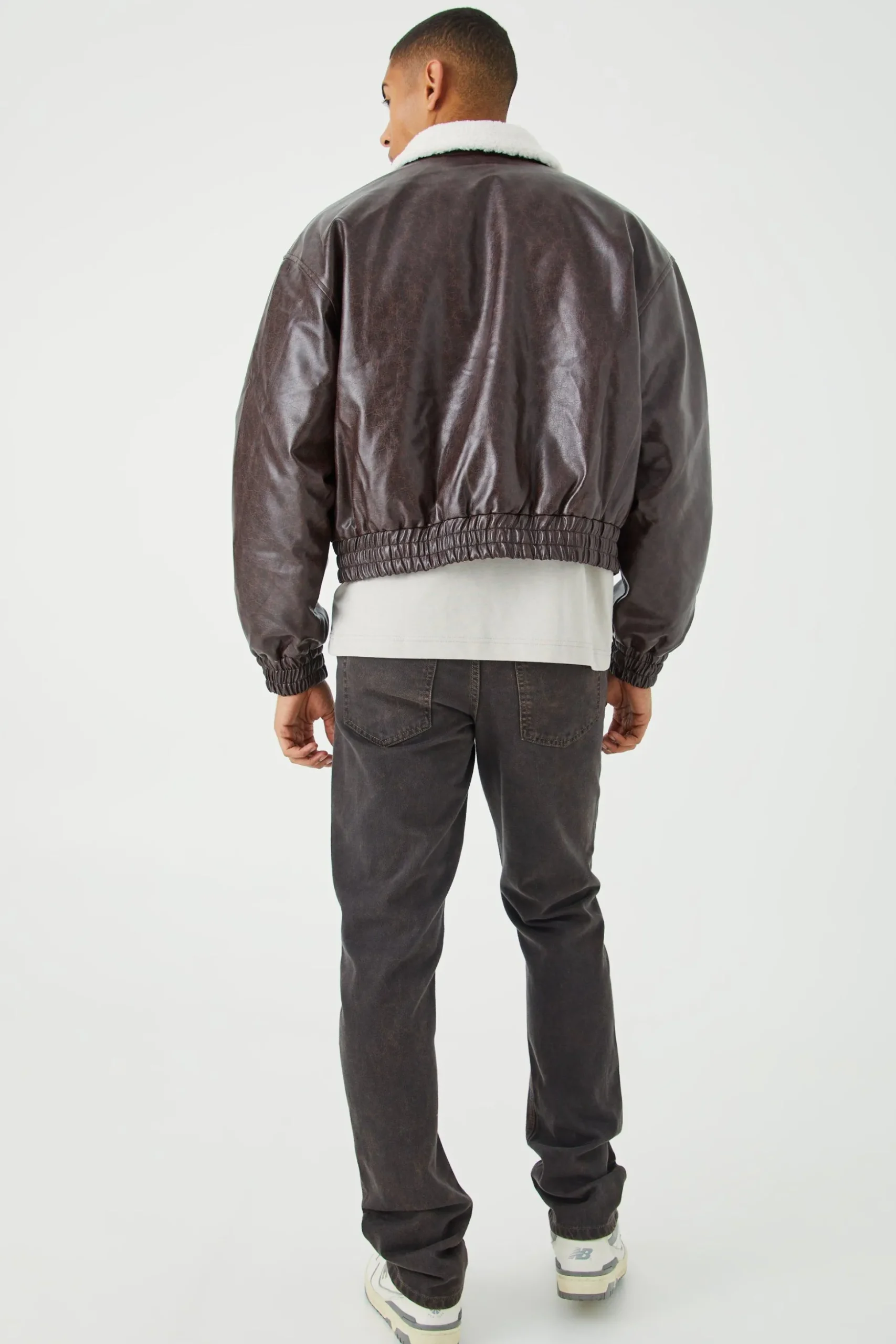 Boxy Cracked Pu Aviator With Borg Collar | BoohooMAN UK