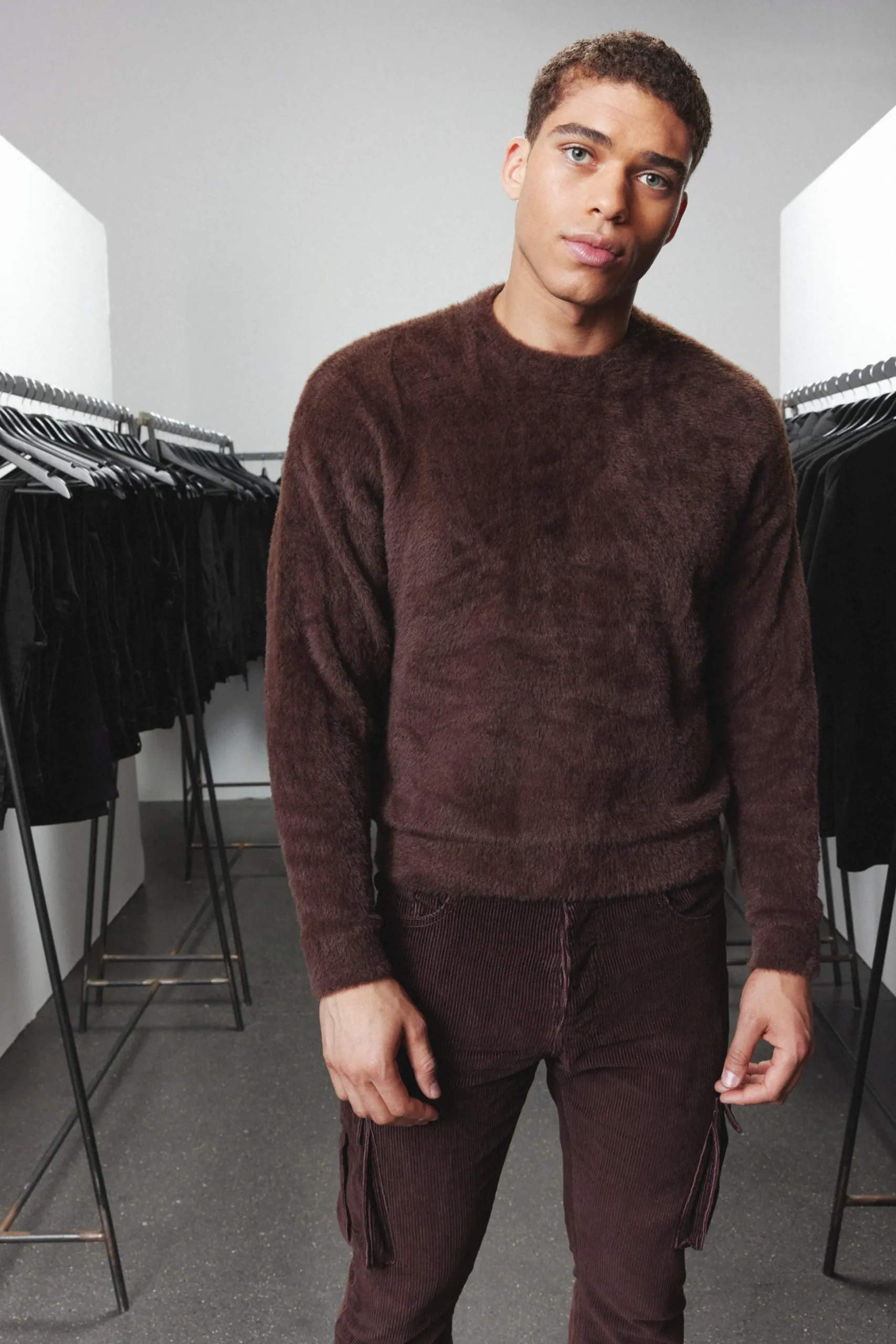 Boxy Crew Neck Fluffy Knitted Jumper | BoohooMAN UK