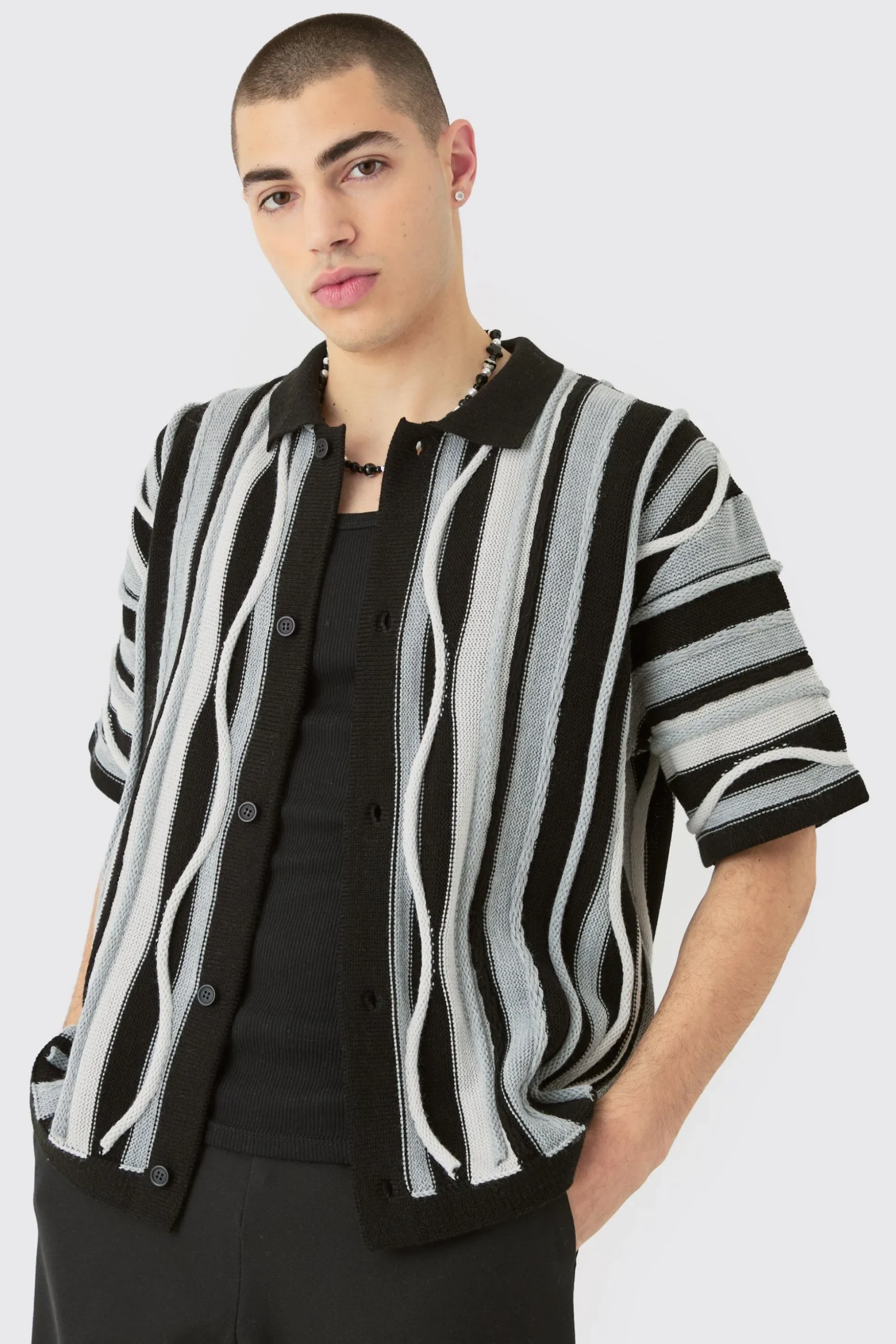 Boxy 3d Jacquard Knit Shirt | BoohooMAN UK