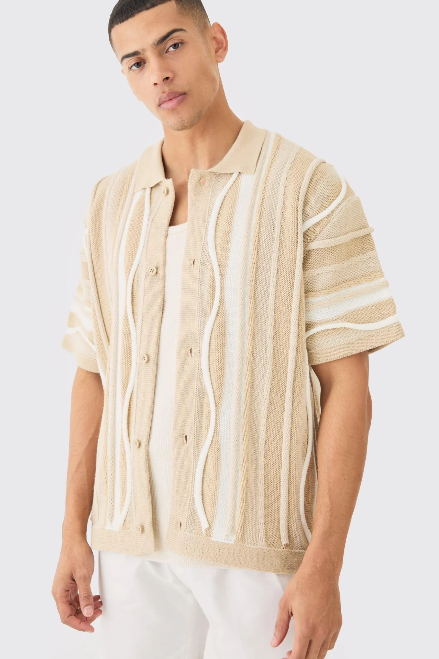 Boxy 3d Jacquard Knit Shirt | BoohooMAN UK