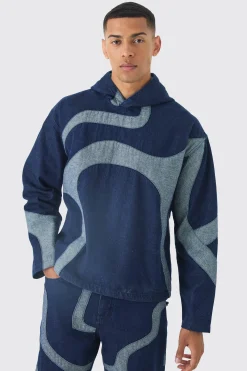 Boxy Denim Patchwork Applique Hoodie | BoohooMAN UK