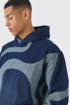 Boxy Denim Patchwork Applique Hoodie | BoohooMAN UK