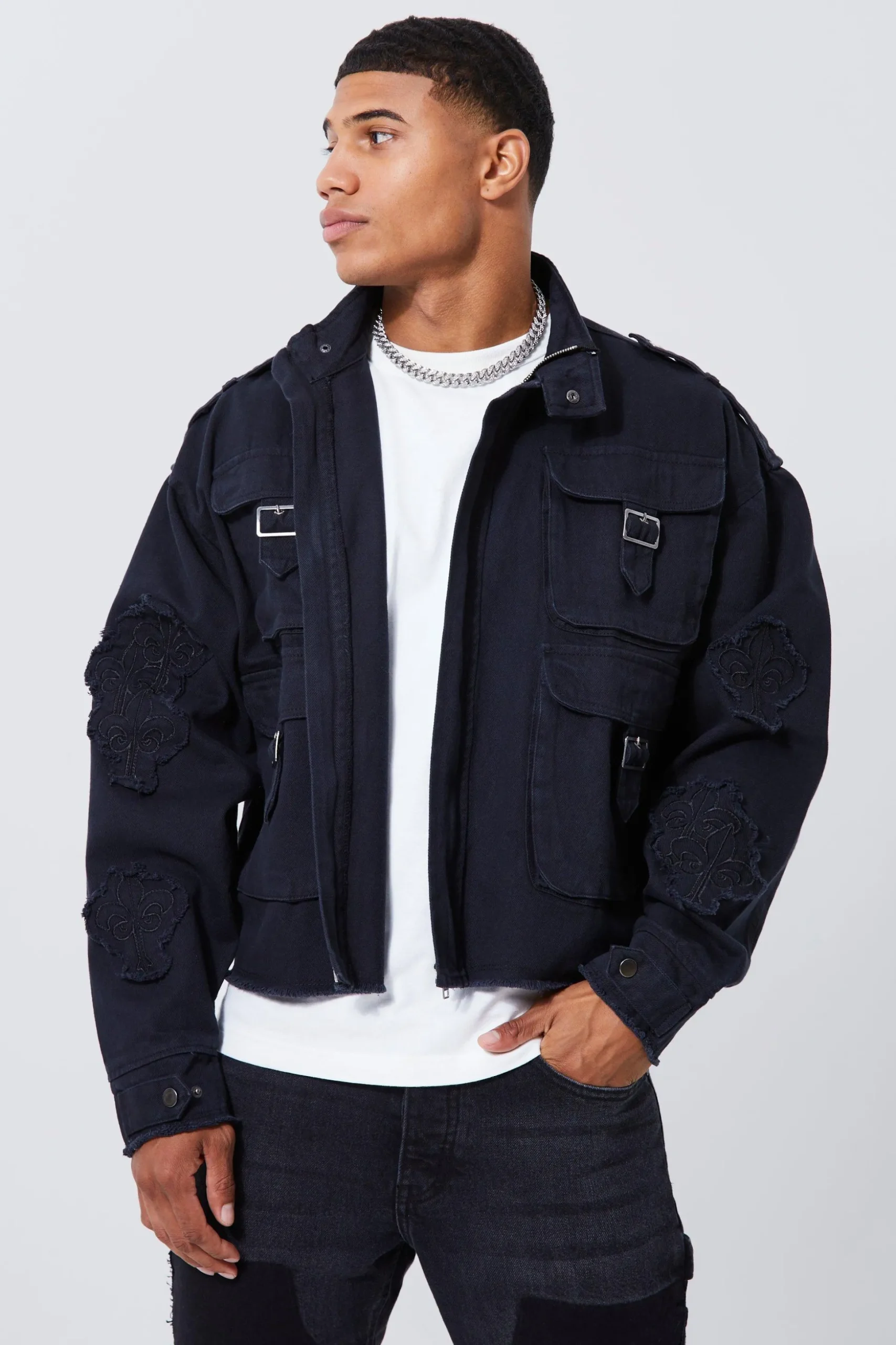 Boxy Distressed Cross Applique Twill Jacket | BoohooMAN UK