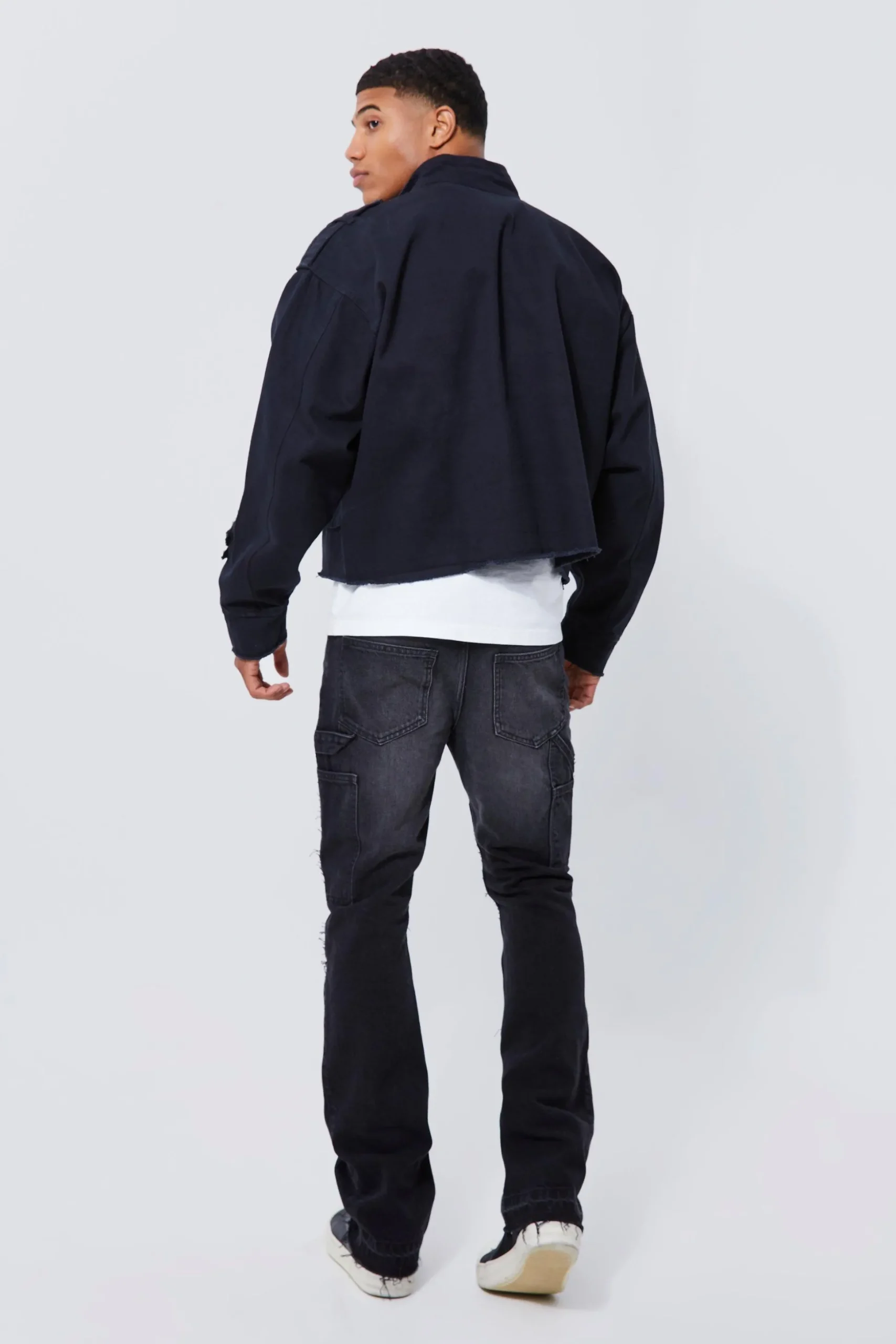 Boxy Distressed Cross Applique Twill Jacket | BoohooMAN UK