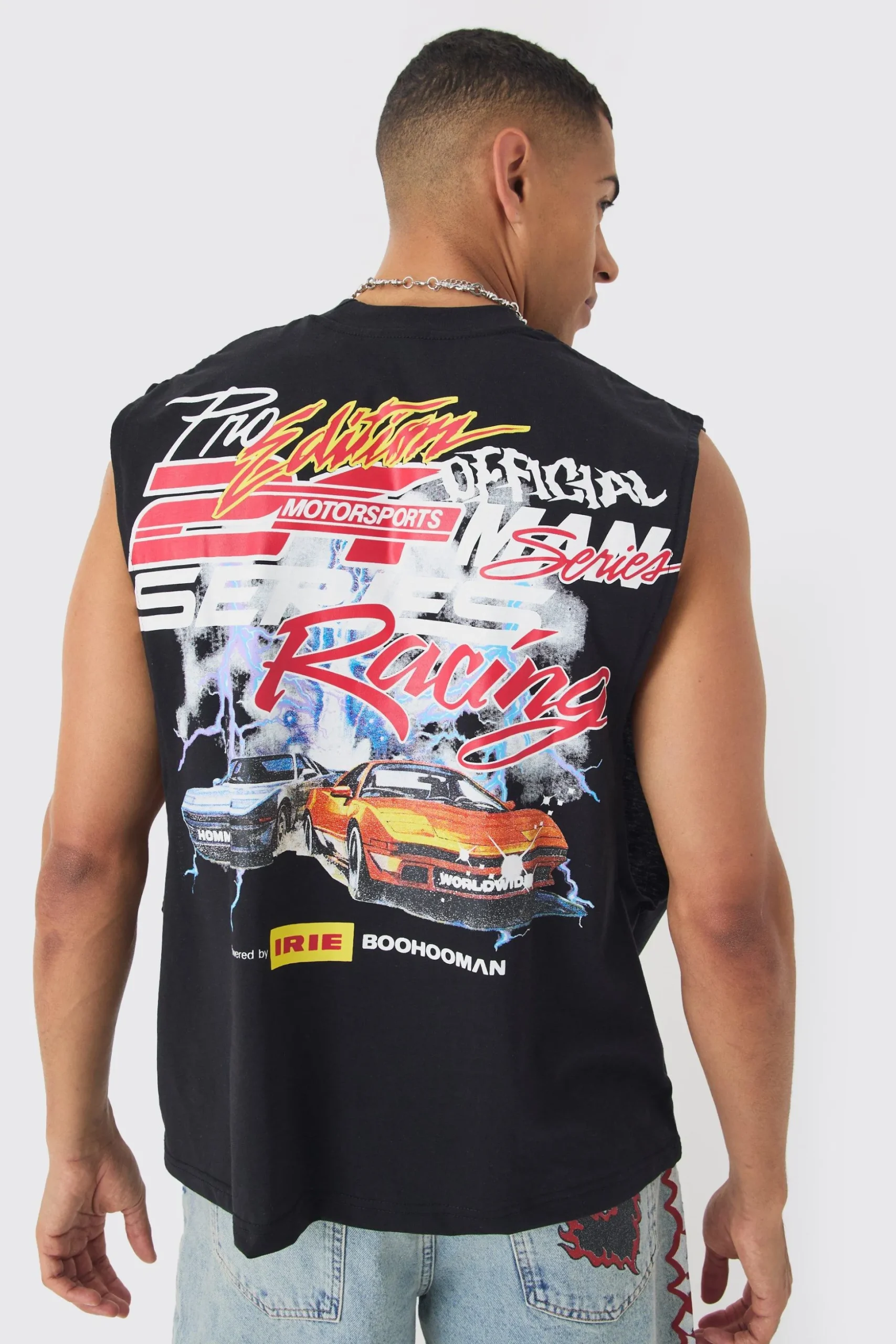 Boxy Drop Armhole Extended Neck Racing Print Tank | BoohooMAN UK