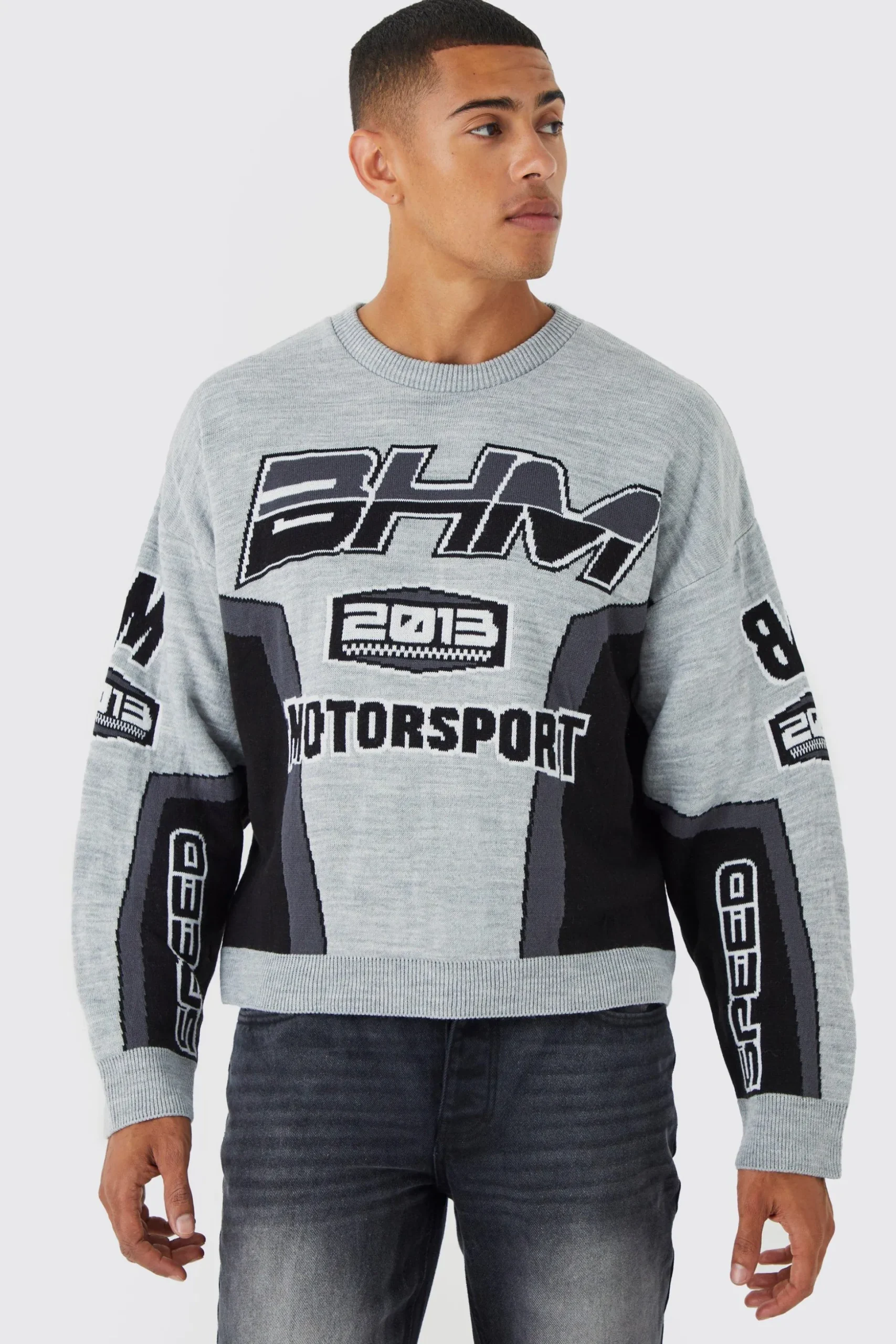 Boxy Drop Shoulder Moto Knitted Jumper | BoohooMAN UK