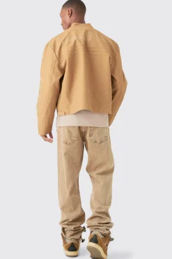 Boxy Embossed Pu Moto Jacket In Sand | BoohooMAN UK