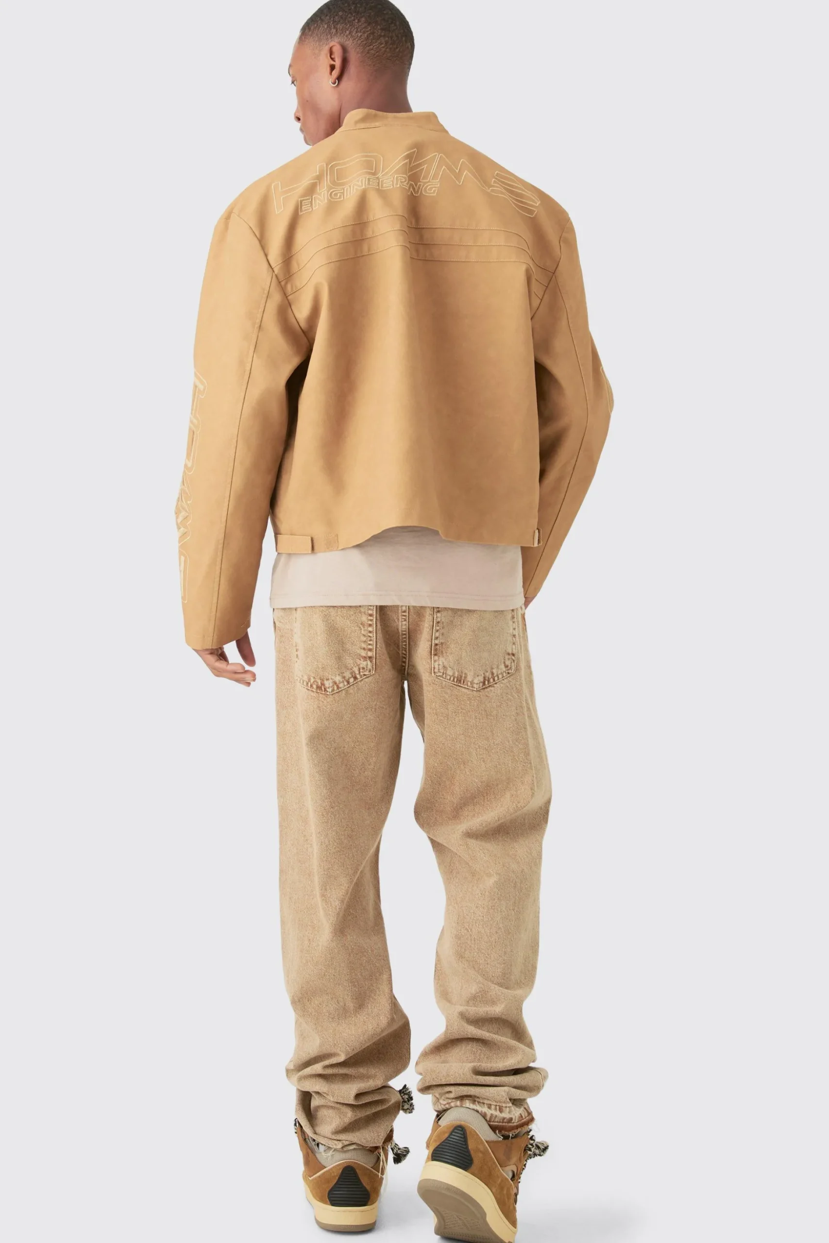 Boxy Embossed Pu Moto Jacket In Sand | BoohooMAN UK