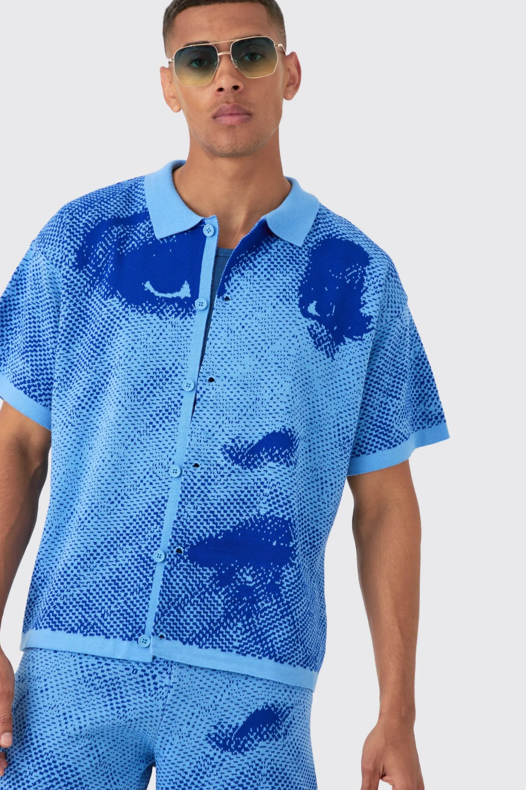 Boxy Face Jacquard Knitted Shirt And Short Set | BoohooMAN UK