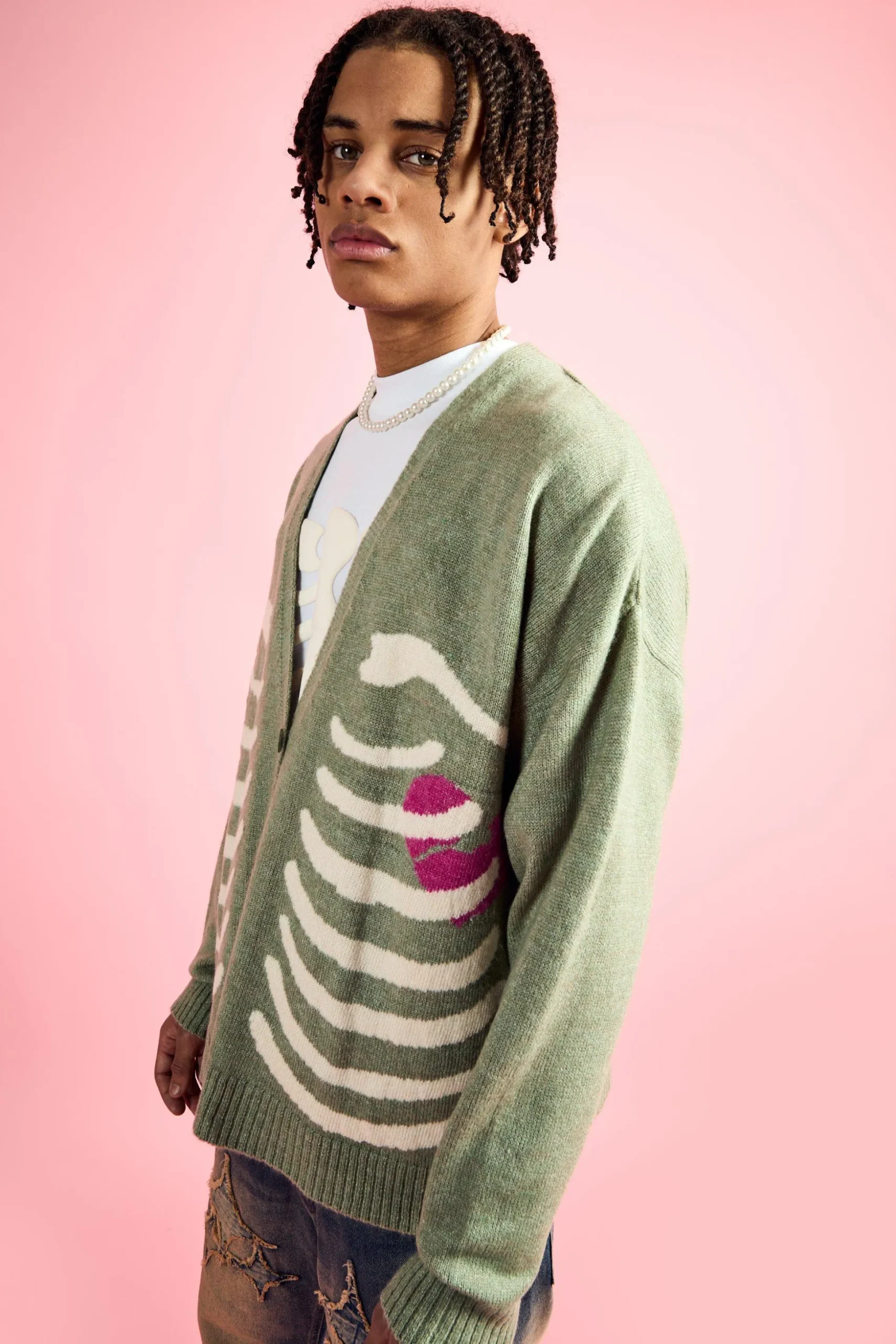 Boxy Fit Brushed Knit Skeleton Cardigan | BoohooMAN UK
