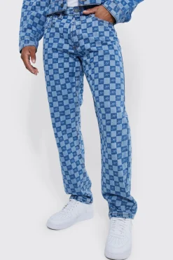 Boxy Fit Checkerboard Laser Print Denim Jacket And Jeans | BoohooMAN UK