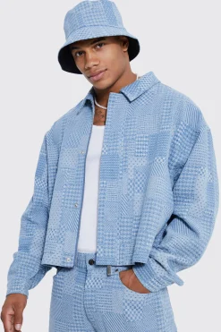 Boxy Fit Fabric Interest Denim Jacket | BoohooMAN UK