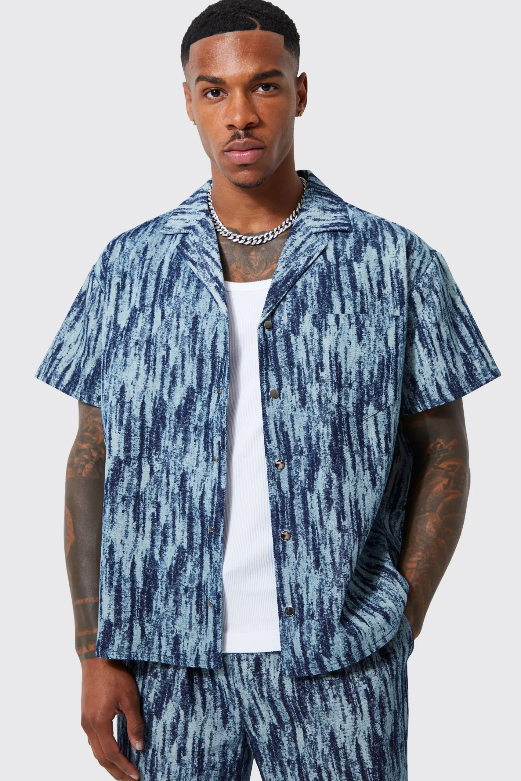 Boxy Fit Fabric Interest Denim Shirt And Trouser | BoohooMAN UK