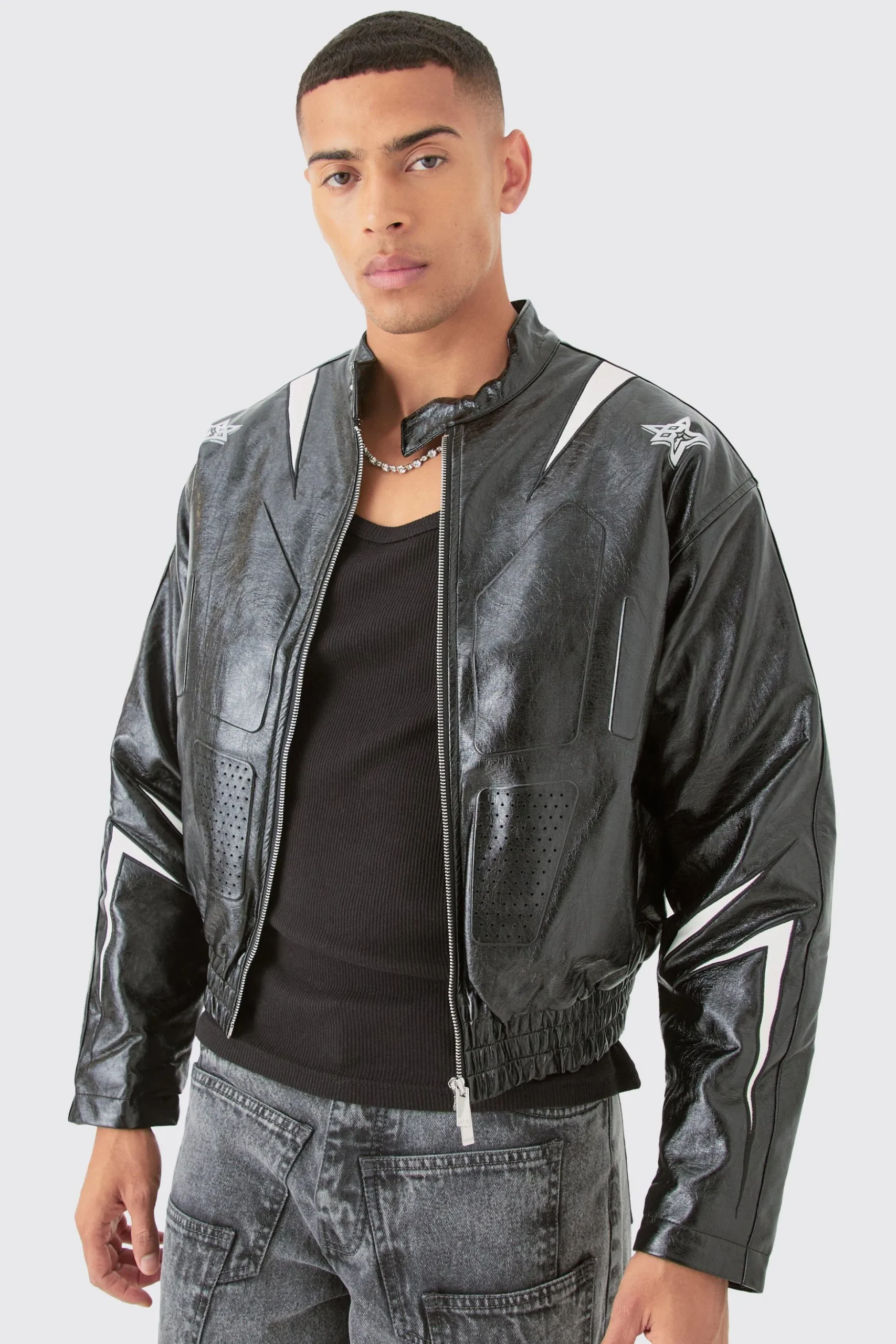 Boxy Fit Pu Panel Moto Bomber | BoohooMAN UK