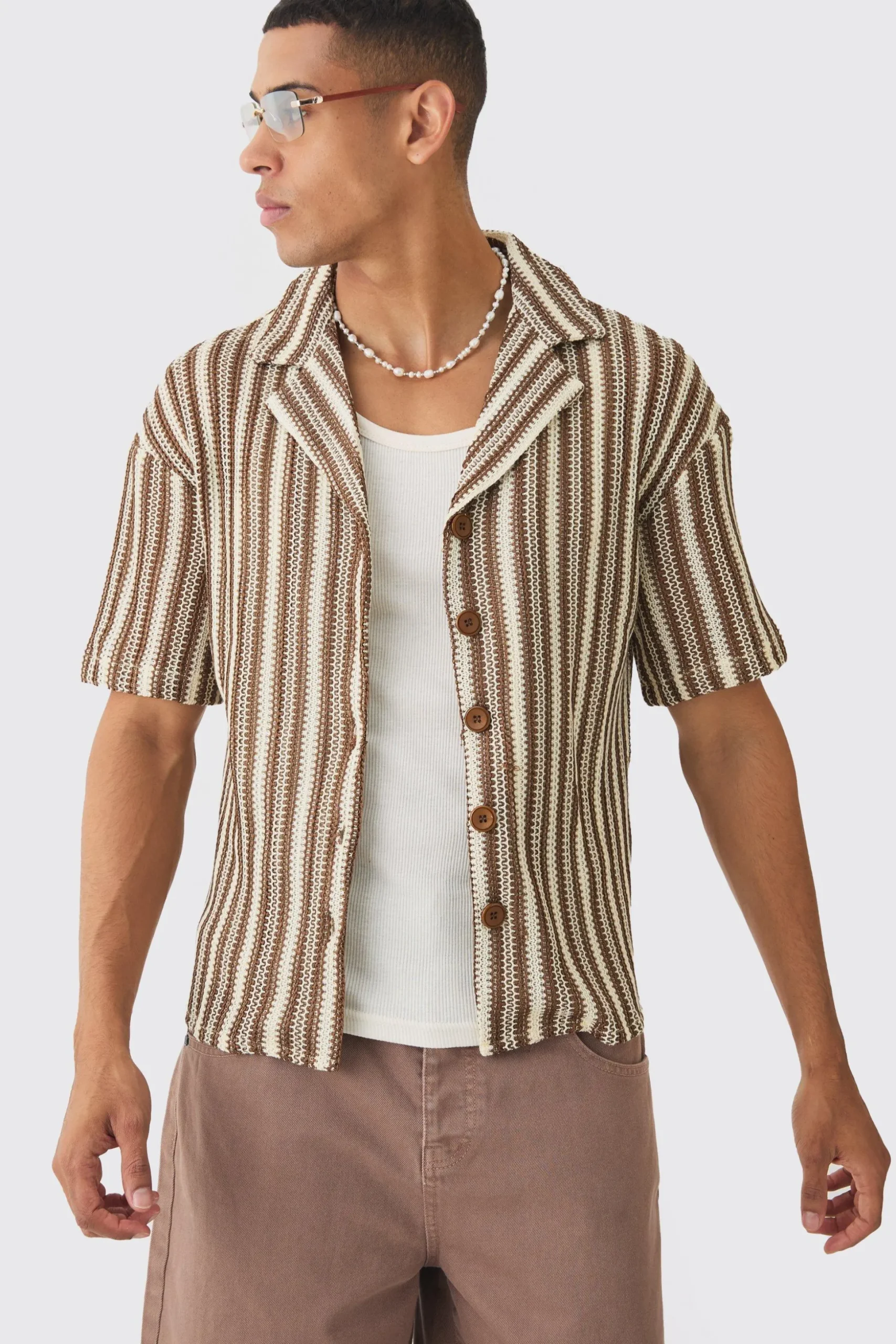 Boxy Fit Revere Open Weave Stripe Shirt | BoohooMAN UK